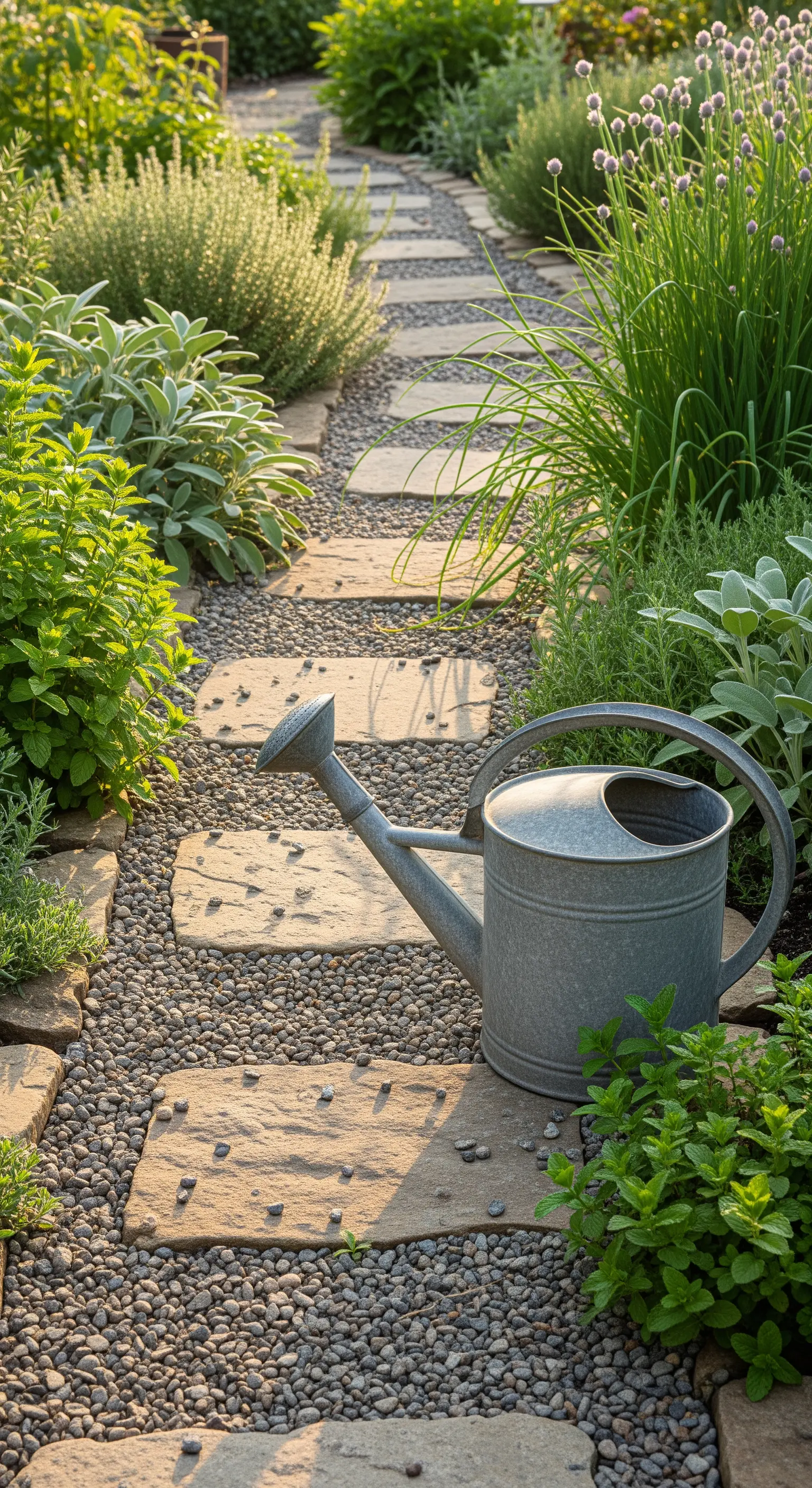 Kiesweg mit quadratischen Trittsteinen, Kräutern und Zinkgießkanne