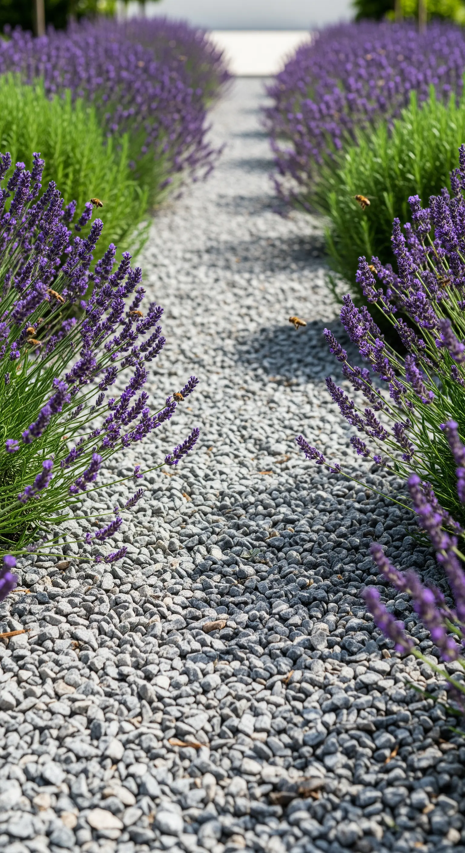 Heller Kiesweg mit symmetrischen Lavendelreihen und fliegenden Bienen