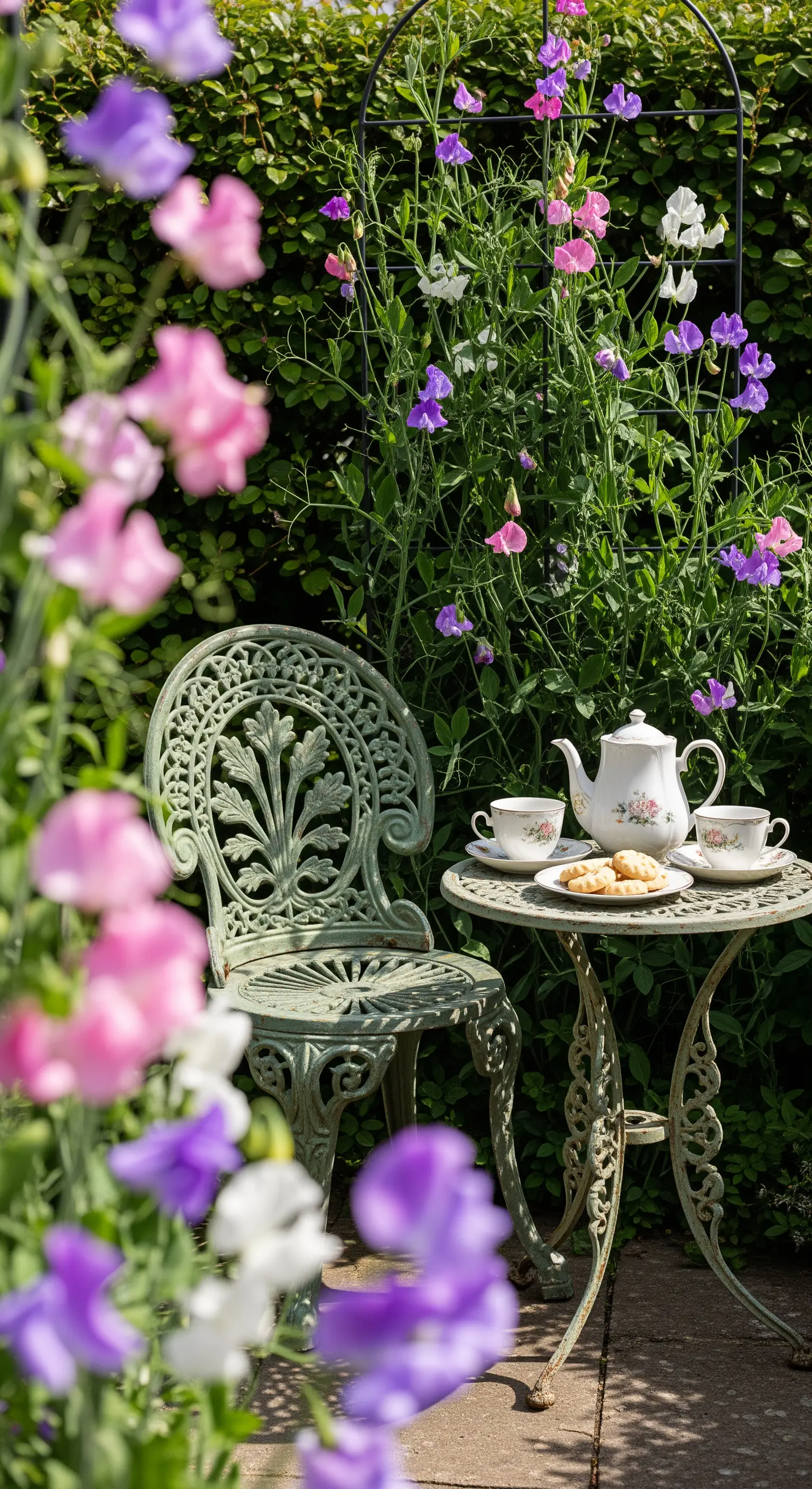 Grüner Bistro-Tisch und Stuhl inmitten von bunten Wicken mit Teeservice