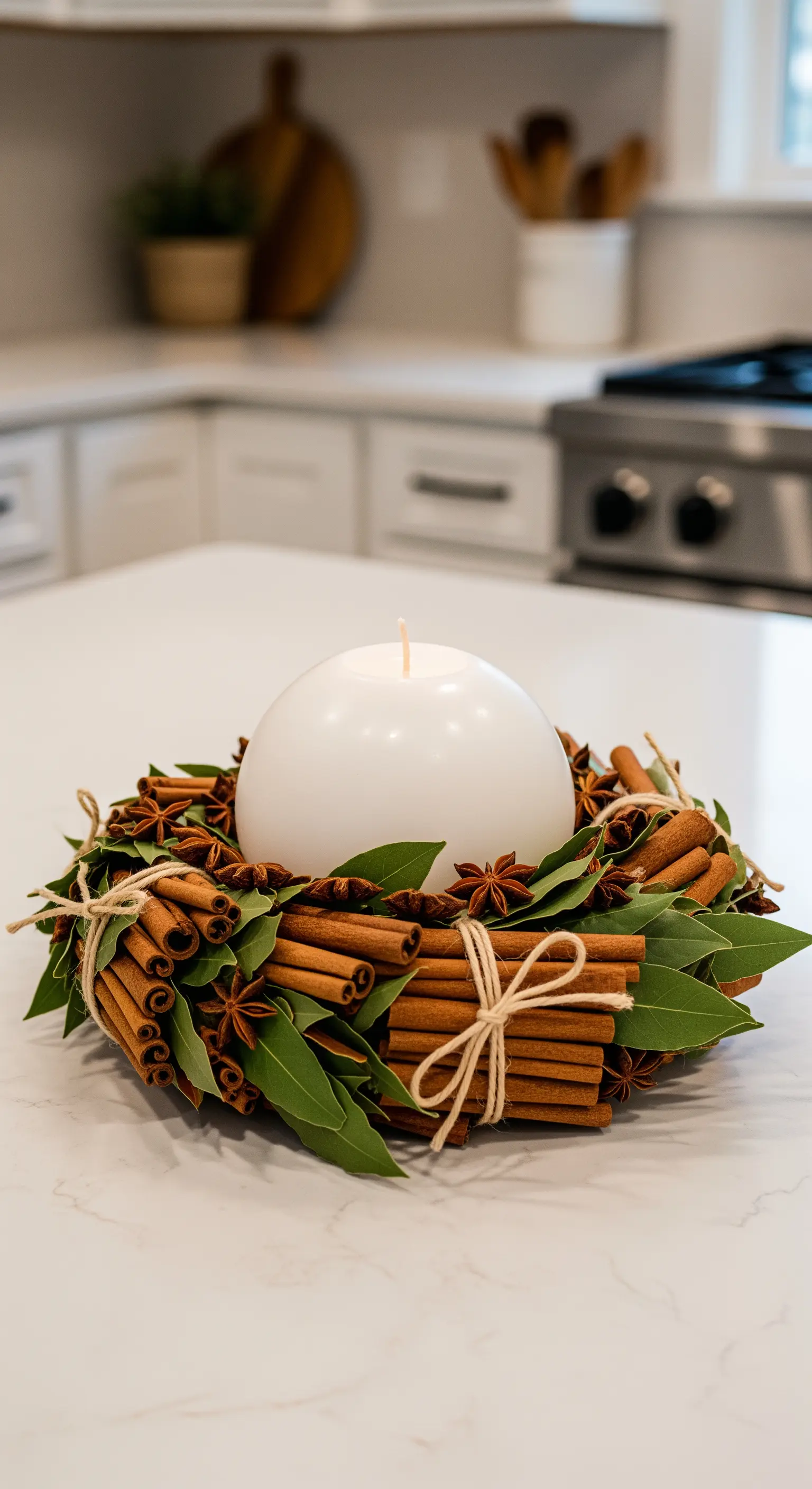 Weiße Kugelkerze umgeben von einem selbstgemachten Kranz aus Zimtstangen und Lorbeerblättern.