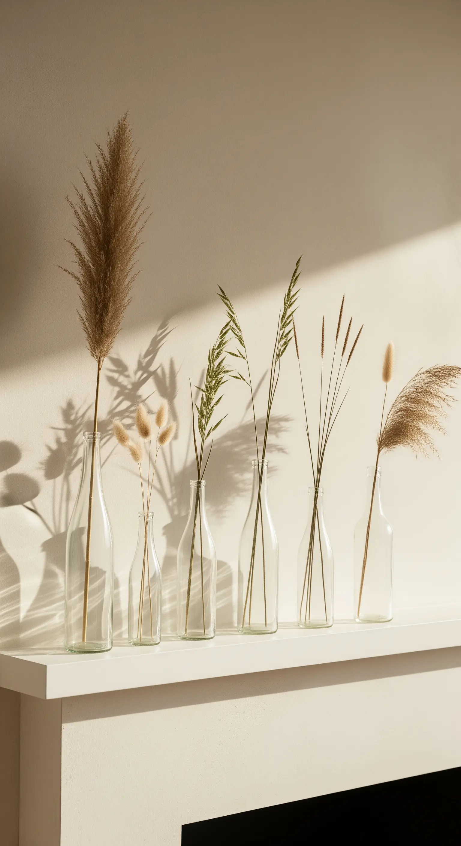 Reihe von Glasflaschen mit verschiedenen Trockengräsern im Sonnenlicht.