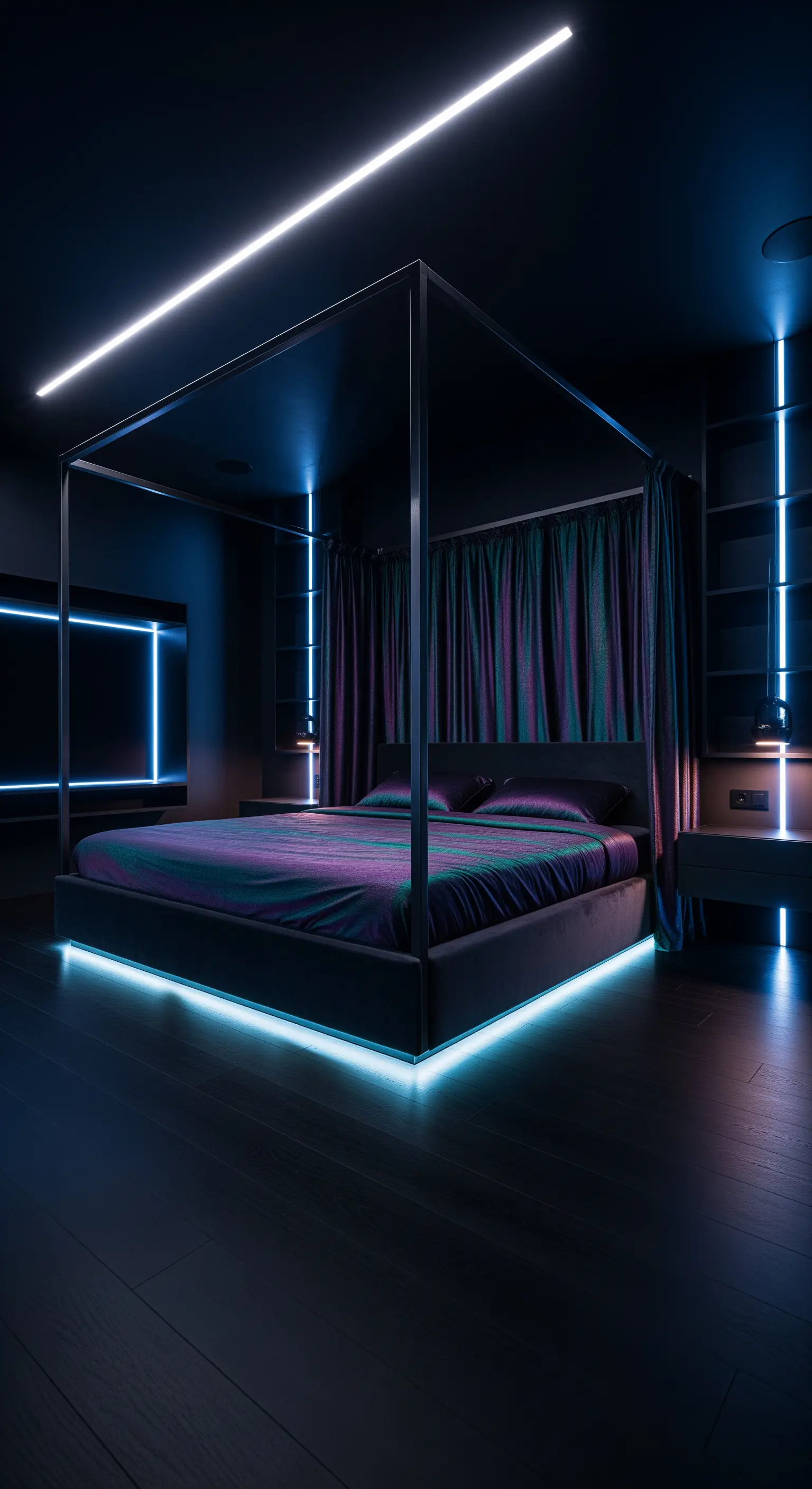 Dunkelblauer Samtvorhang, schwarze Satinbettwäsche, Luxus, Intimität, Textur