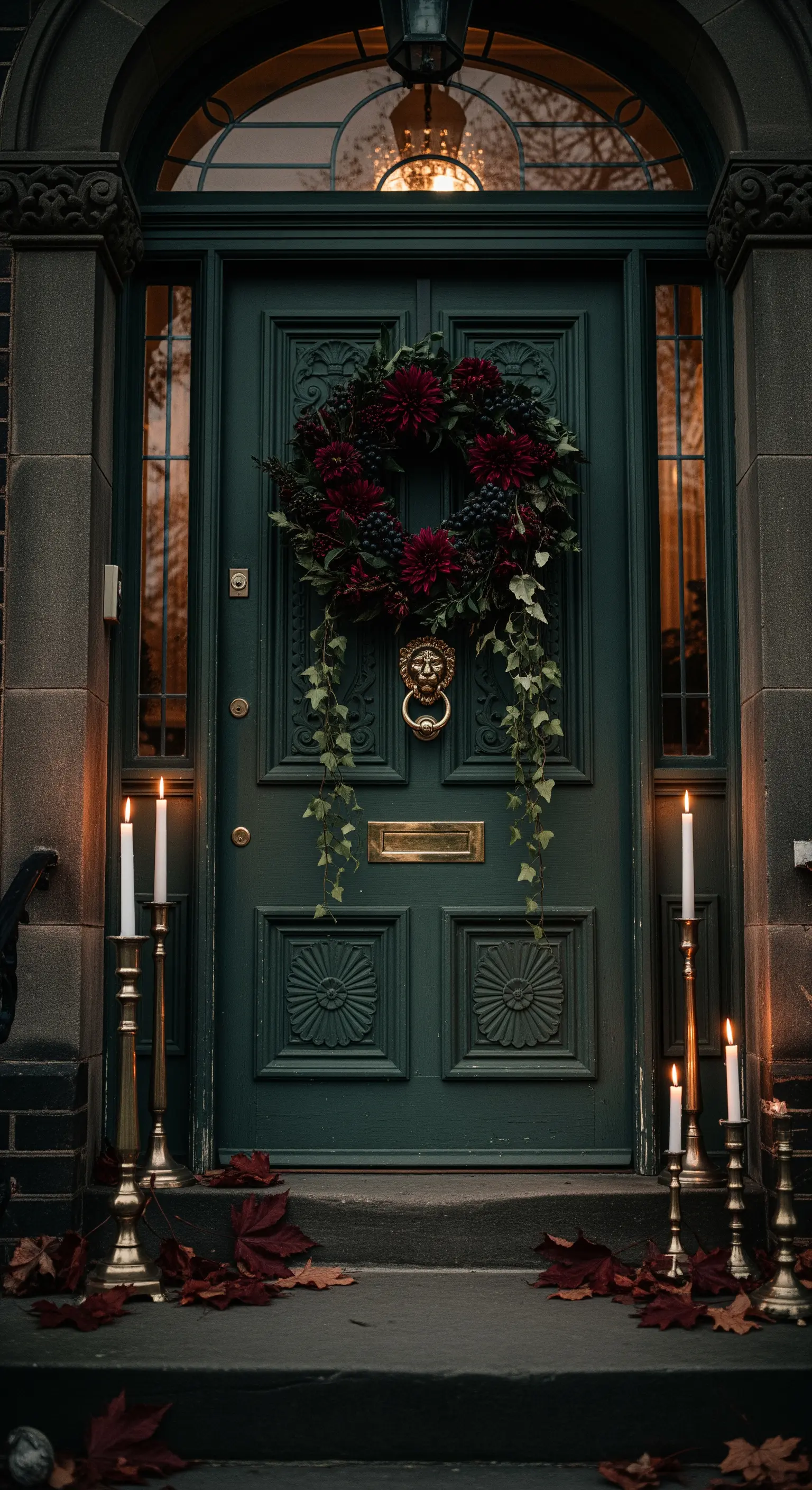 Dunkelpetrol Tür mit Dahlien-Beeren-Kranz und hohen Kerzenleuchtern