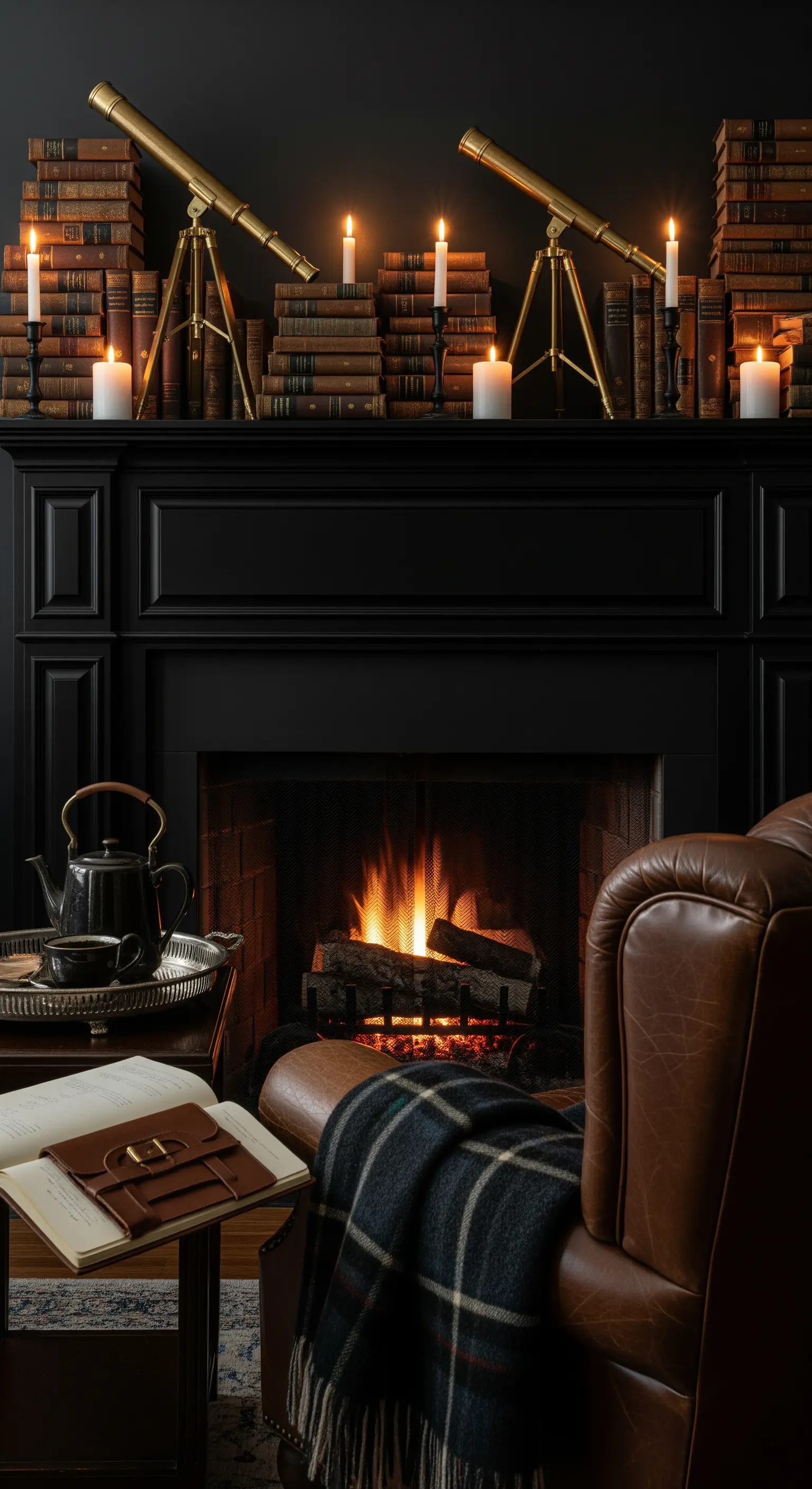 Schwarzer Holzkamin, gestapelte Bücher, Teleskope und Kerzen, Dark Academia Stil.