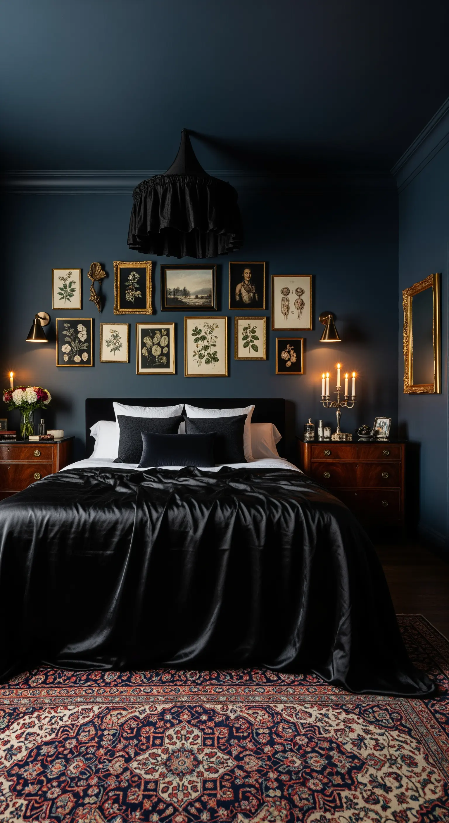 Dunkelblaues Schlafzimmer mit botanischen Drucken in Goldrahmen und schwarzer Seide.