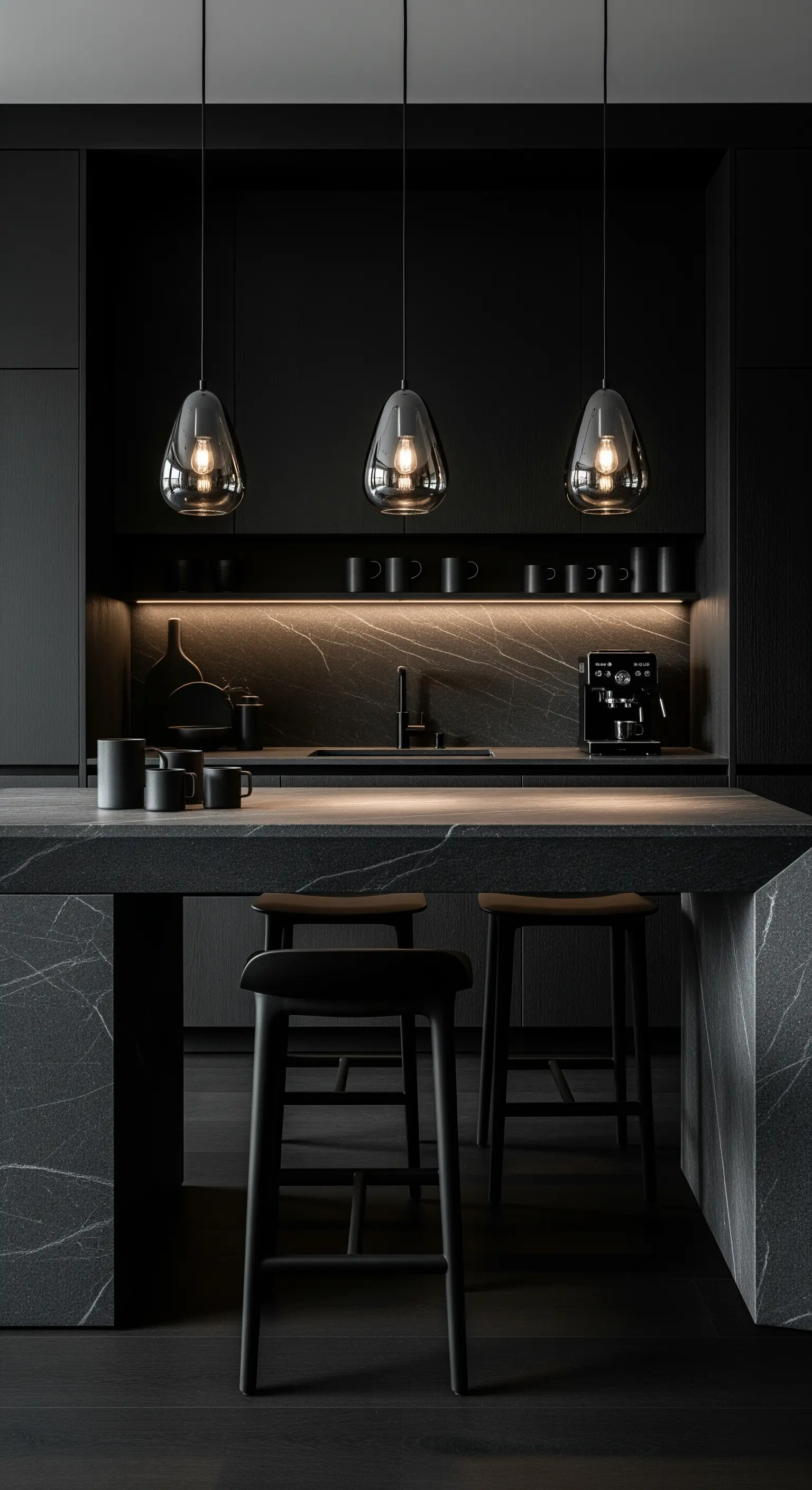 Dunkle Marmorkücheninsel mit minimalistischen Pendelleuchten und schwarzen Accessoires