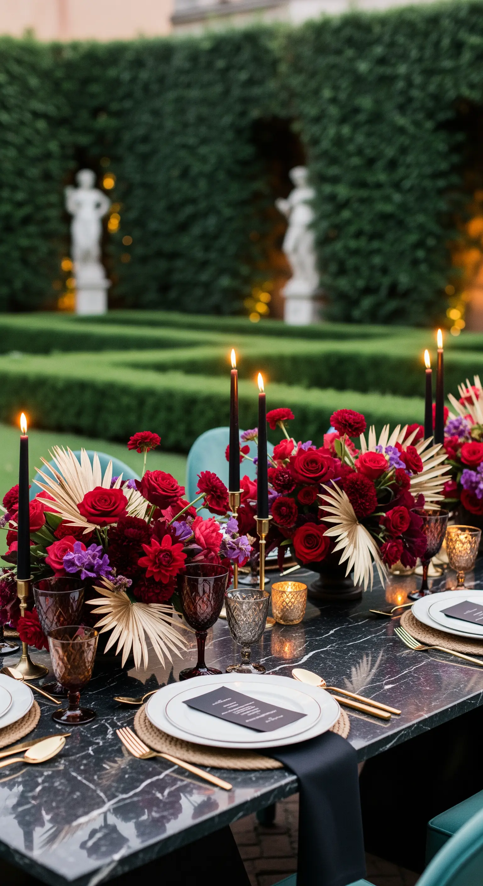 Dunkler Marmortisch mit roten Blumen, schwarzen Kerzen und goldenen Akzenten.