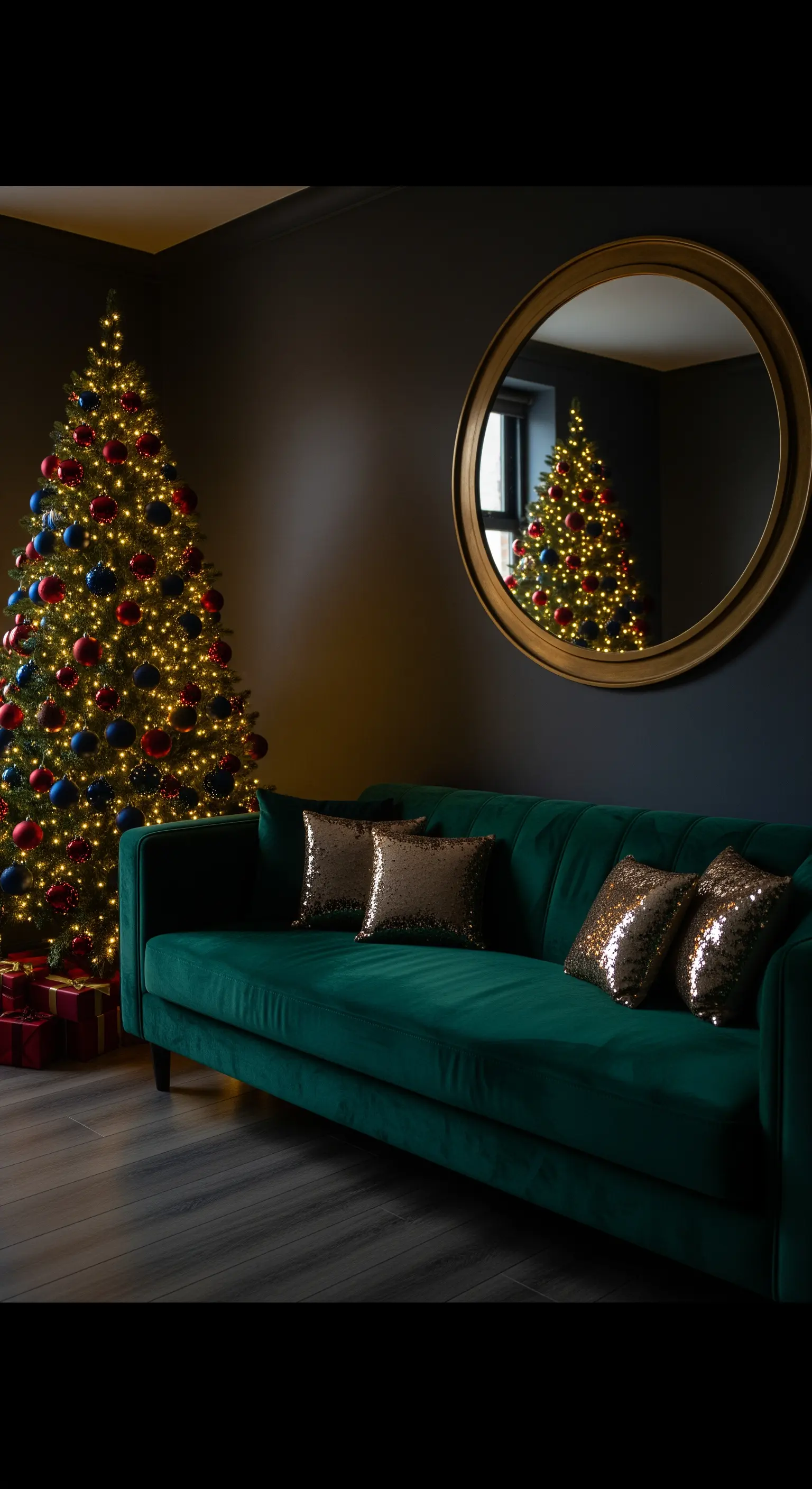 Dunkles Wohnzimmer mit grünem Samtsofa, Weihnachtsbaum, Goldspiegel und festlicher Beleuchtung.