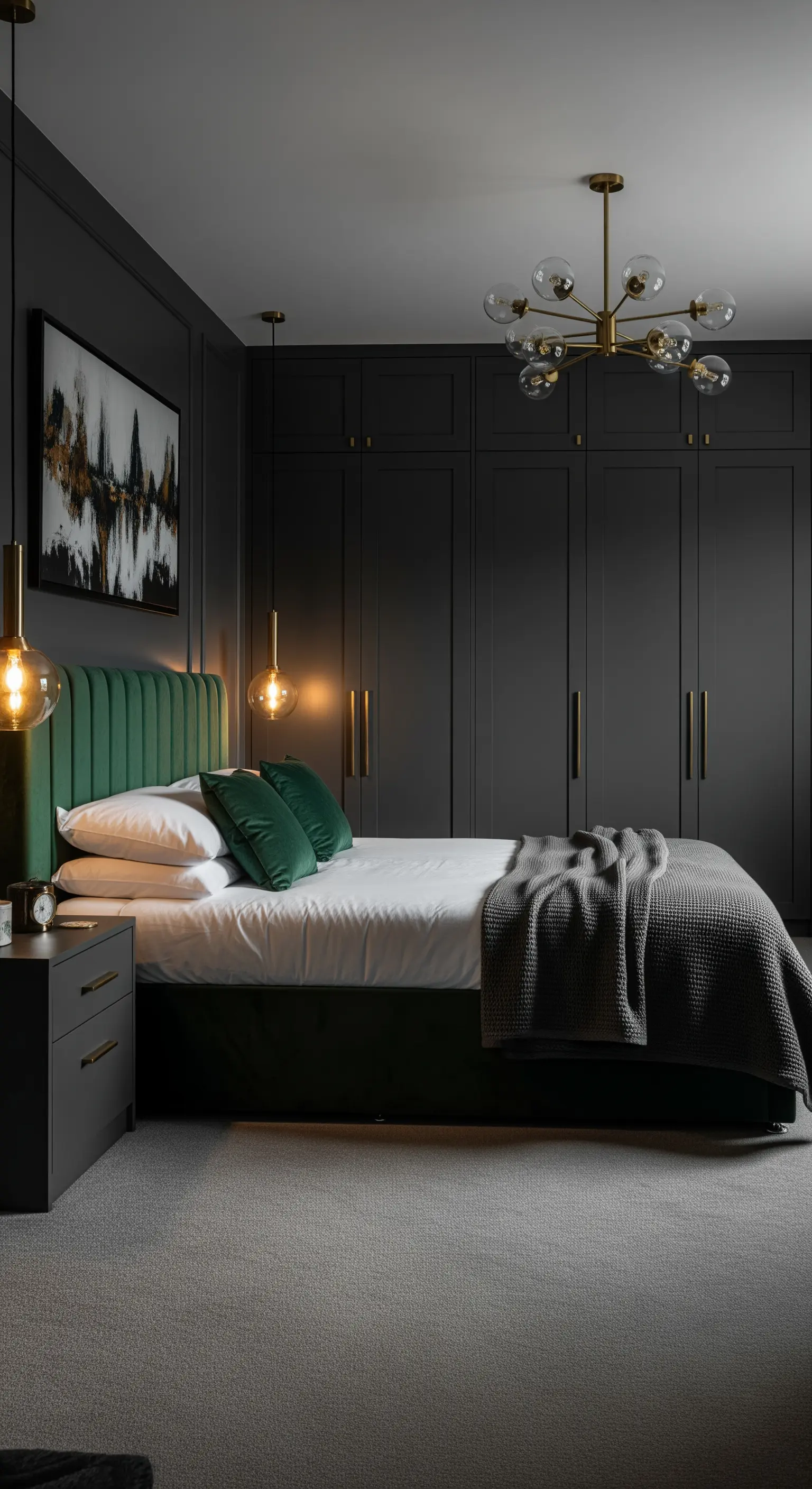 Dunkles Schlafzimmer mit mattschwarzen Einbauschränken und grünem Samt-Kopfteil.