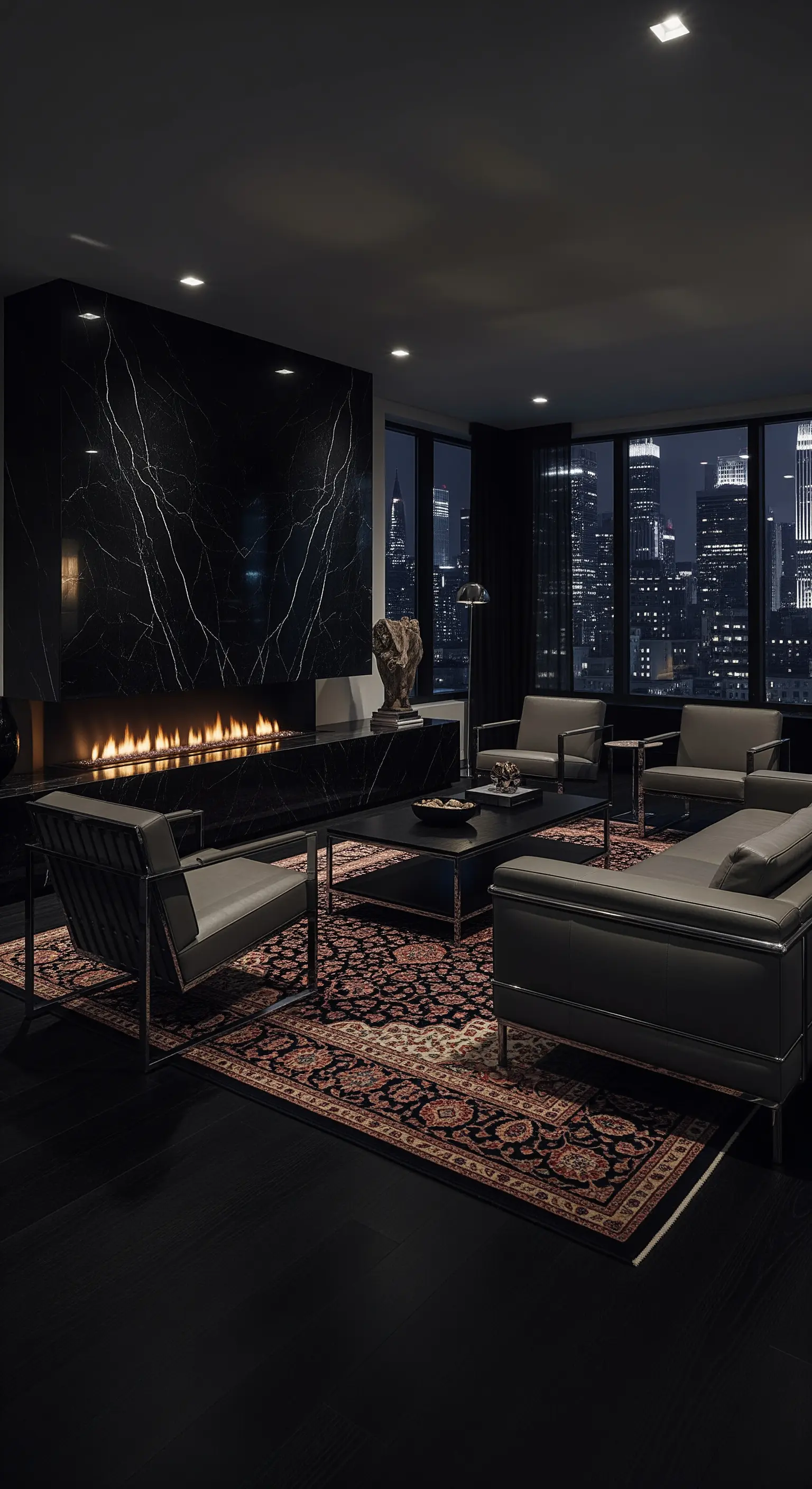 Düsteres Luxus-Wohnzimmer mit schwarzem Marmorkamin und Blick auf nächtliche Skyline