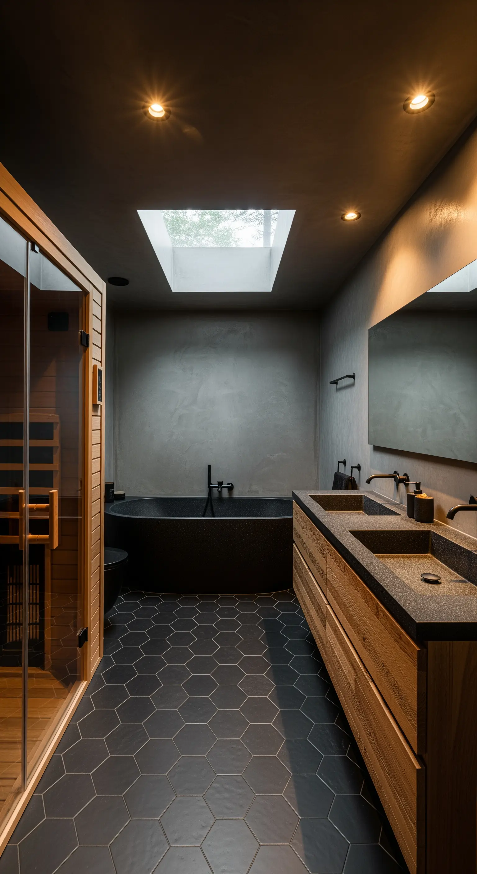 Dunkles Badezimmer mit Sauna, Betonwänden und schwarzer Badewanne unter einem Dachfenster