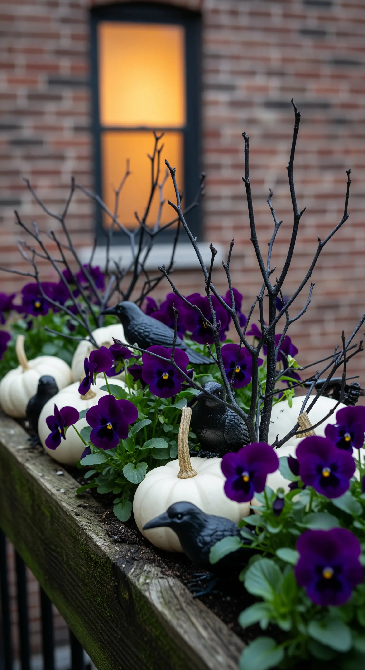 Blumenkasten mit violetten Stiefmütterchen, weißen Kürbissen, schwarzen Raben und Ästen