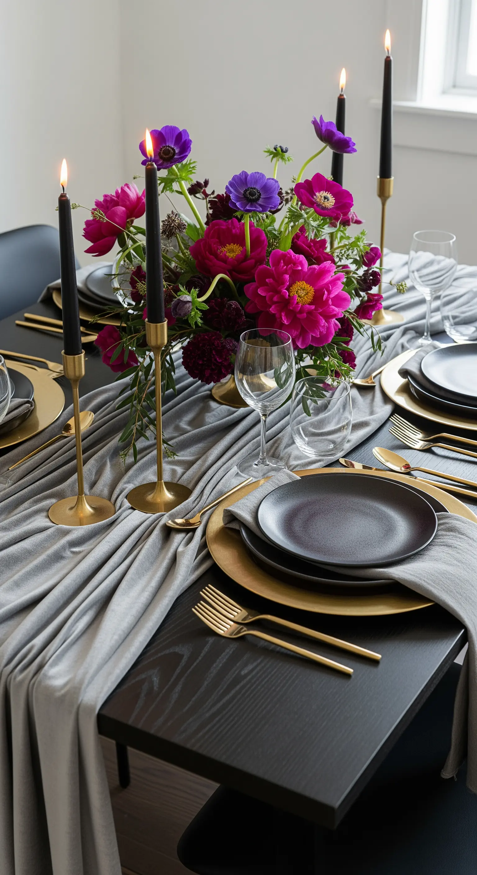Elegante Ostertafel mit grauem Läufer, schwarzen Kerzen und Blumen in Juwelentönen.
