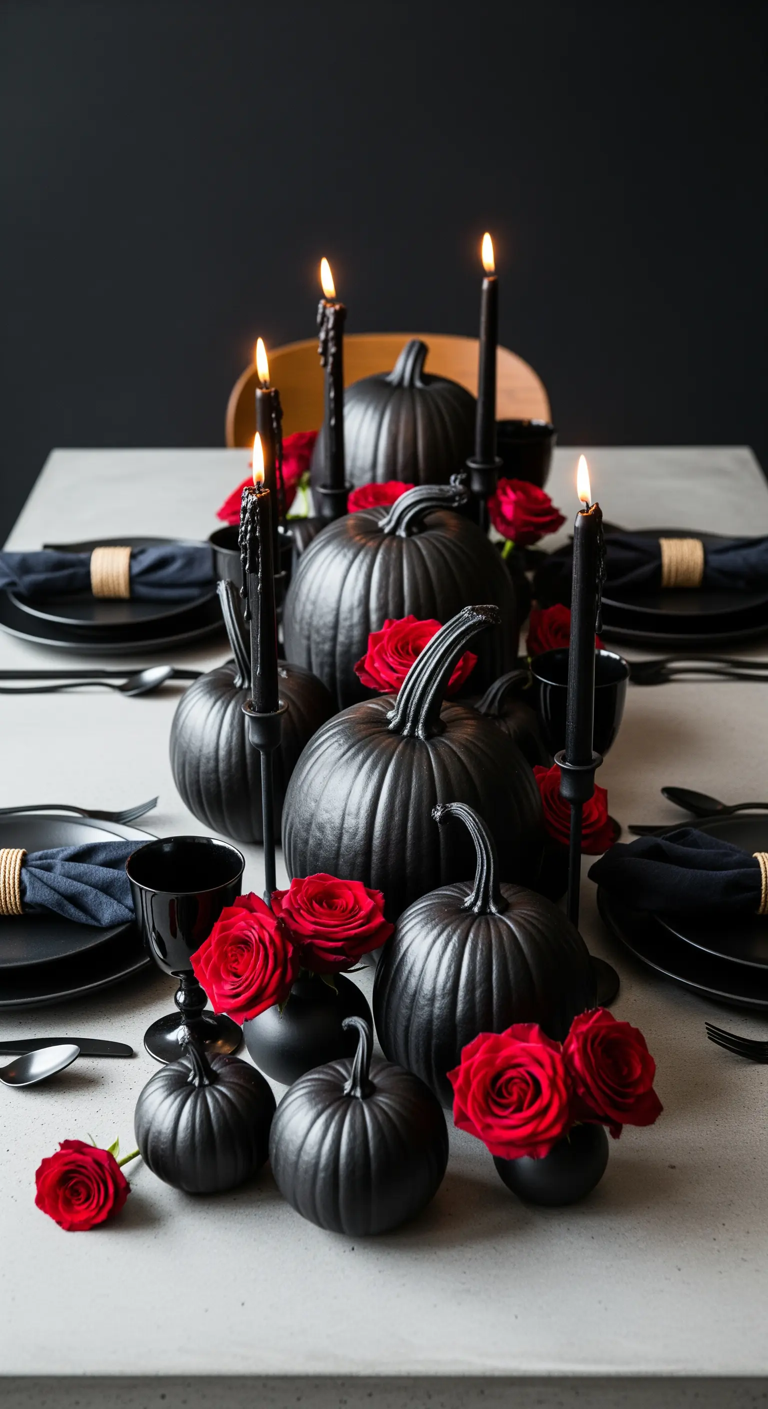 Dramatische Tischdeko mit mattschwarzen Kürbissen, roten Rosen und schwarzen Kerzen.