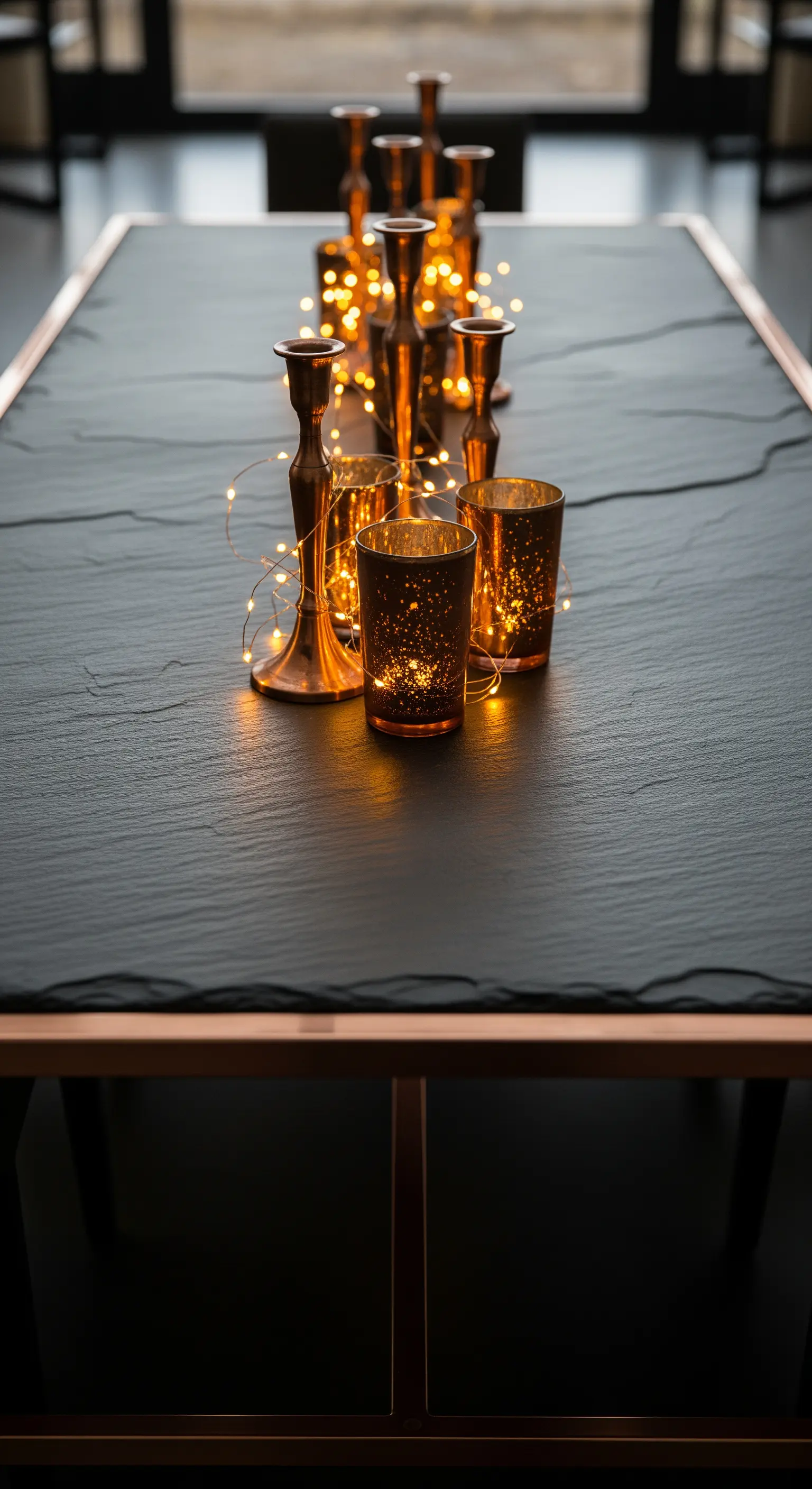 Schiefertisch mit Bronze-Kerzenständern und funkelnden Lichterketten.