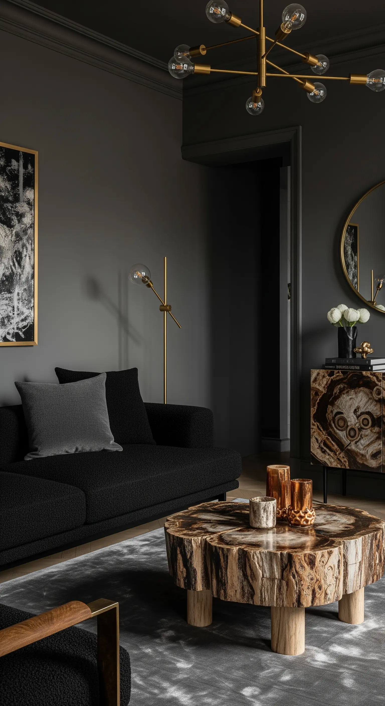 Dunkles, luxuriöses Wohnzimmer mit schwarzem Sofa und einem einzigartigen Couchtisch aus versteinertem Holz.