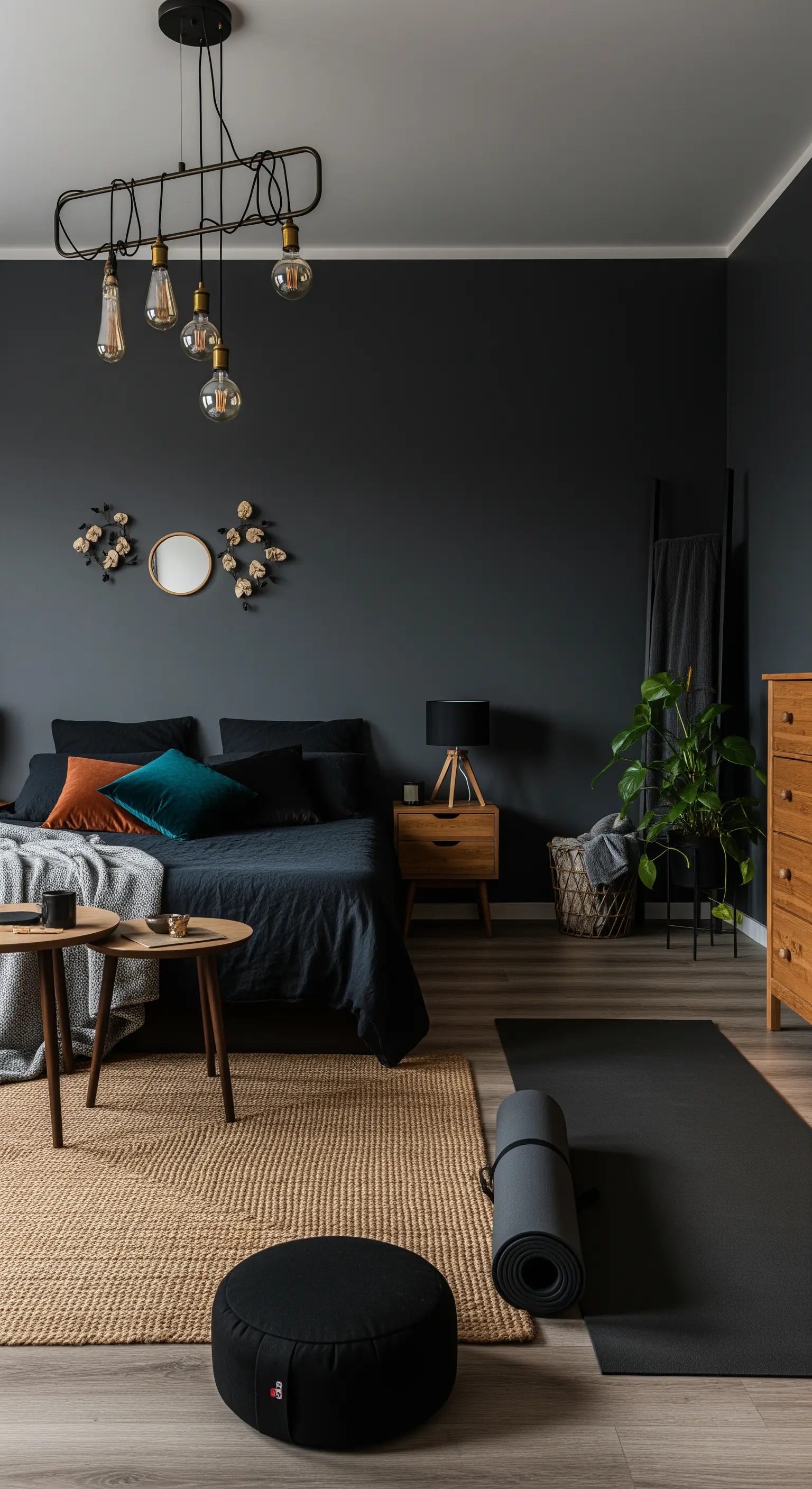 Dunkles, modernes Boho-Schlafzimmer mit anthrazitfarbenen Wänden und Jute-Teppich.