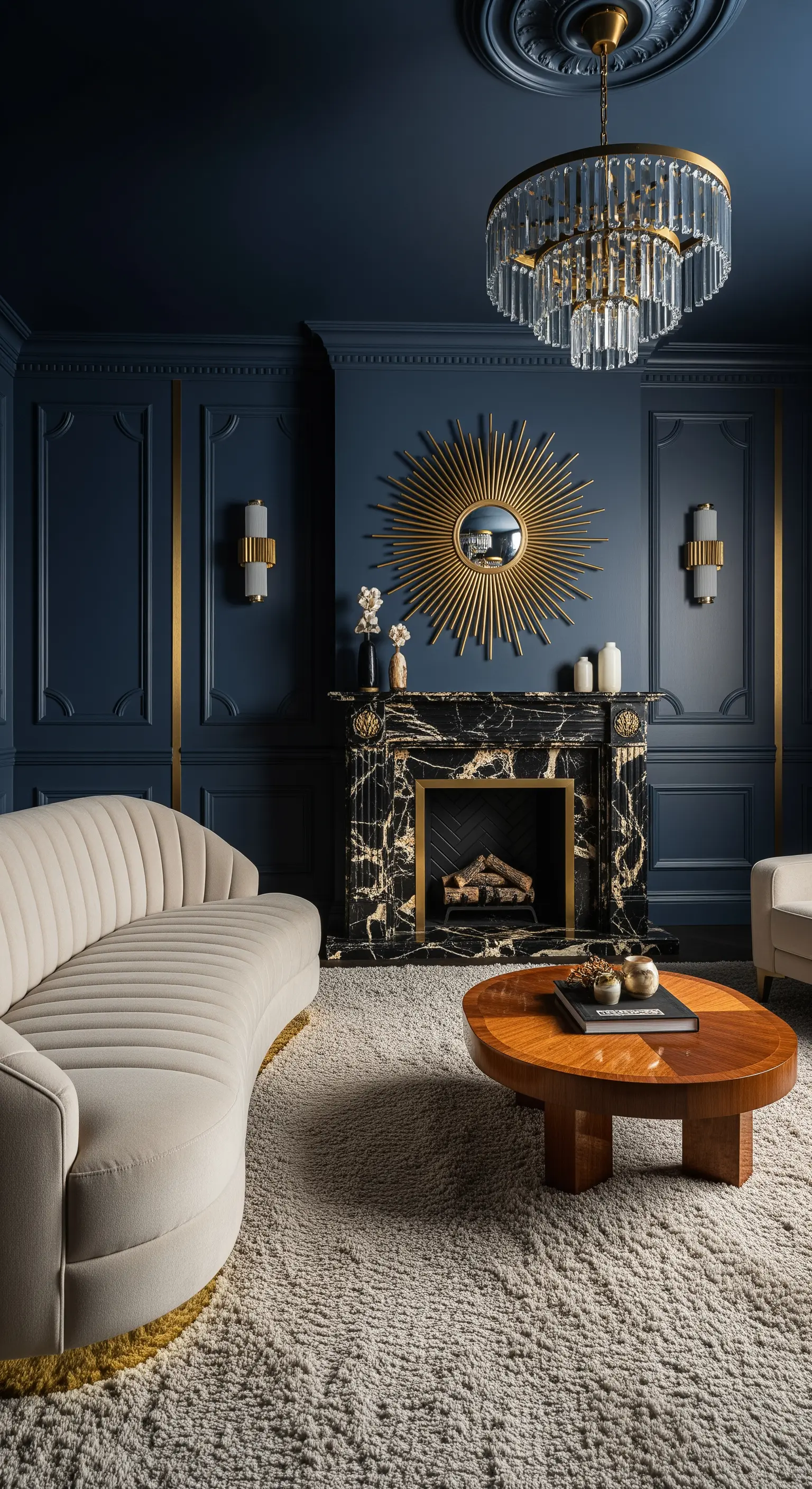 Dunkelblaue Wandgestaltung mit goldenem Spiegel und schwarzem Marmorkamin.