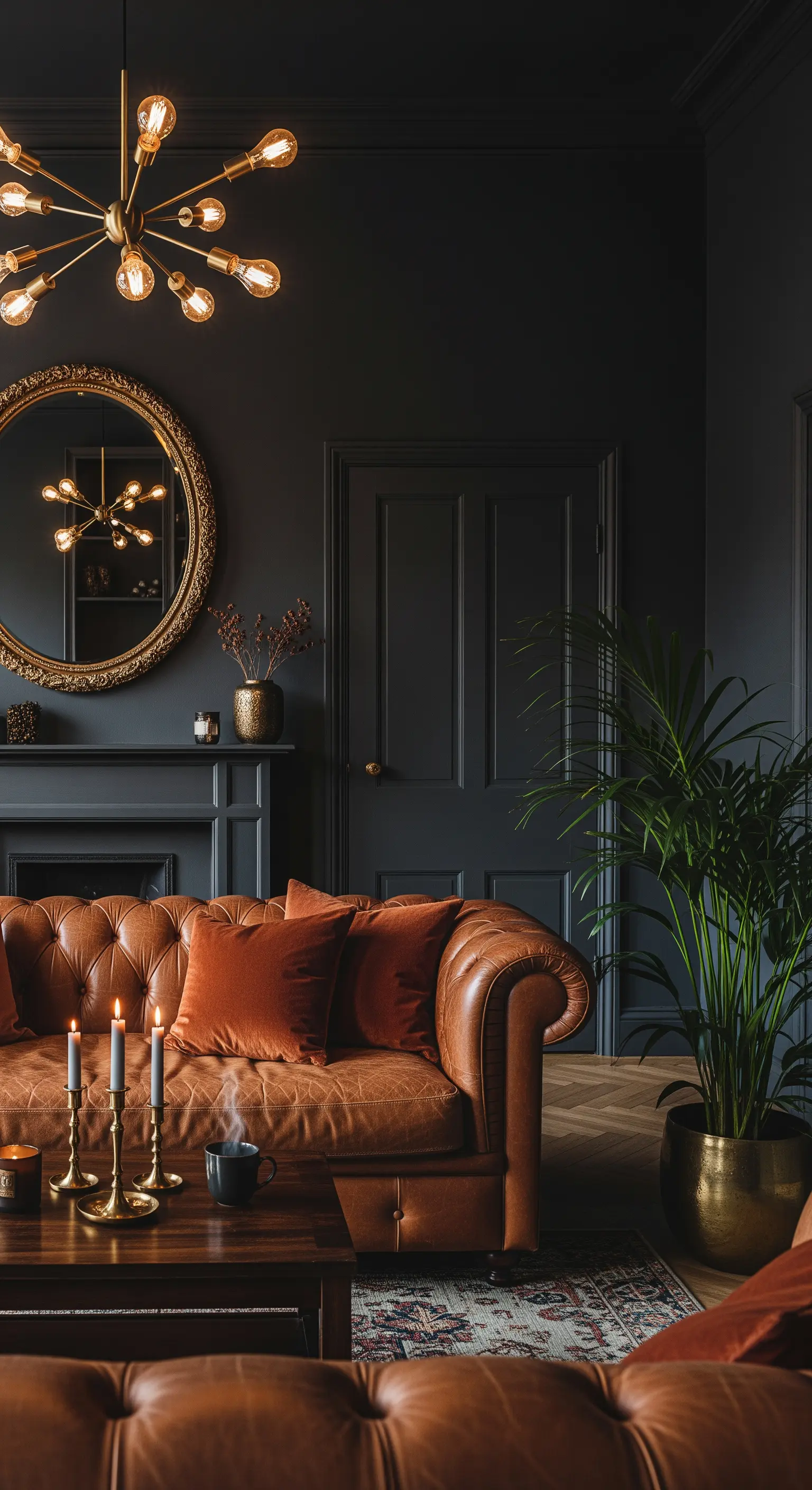 Dunkelgraues Wohnzimmer mit Chesterfield-Sofa aus Leder und Goldakzenten.