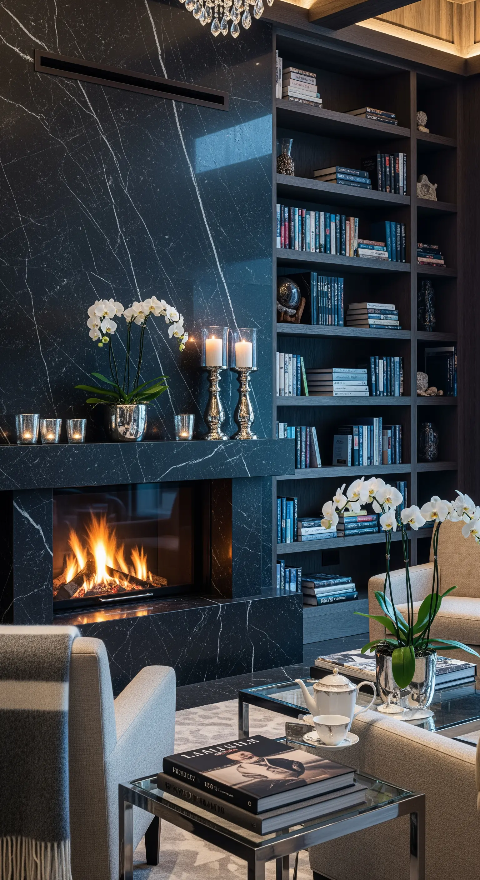 Schwarzer Marmorkamin mit Orchideen und Kerzen, flankiert von Bücherregalen, dunkler Luxus.