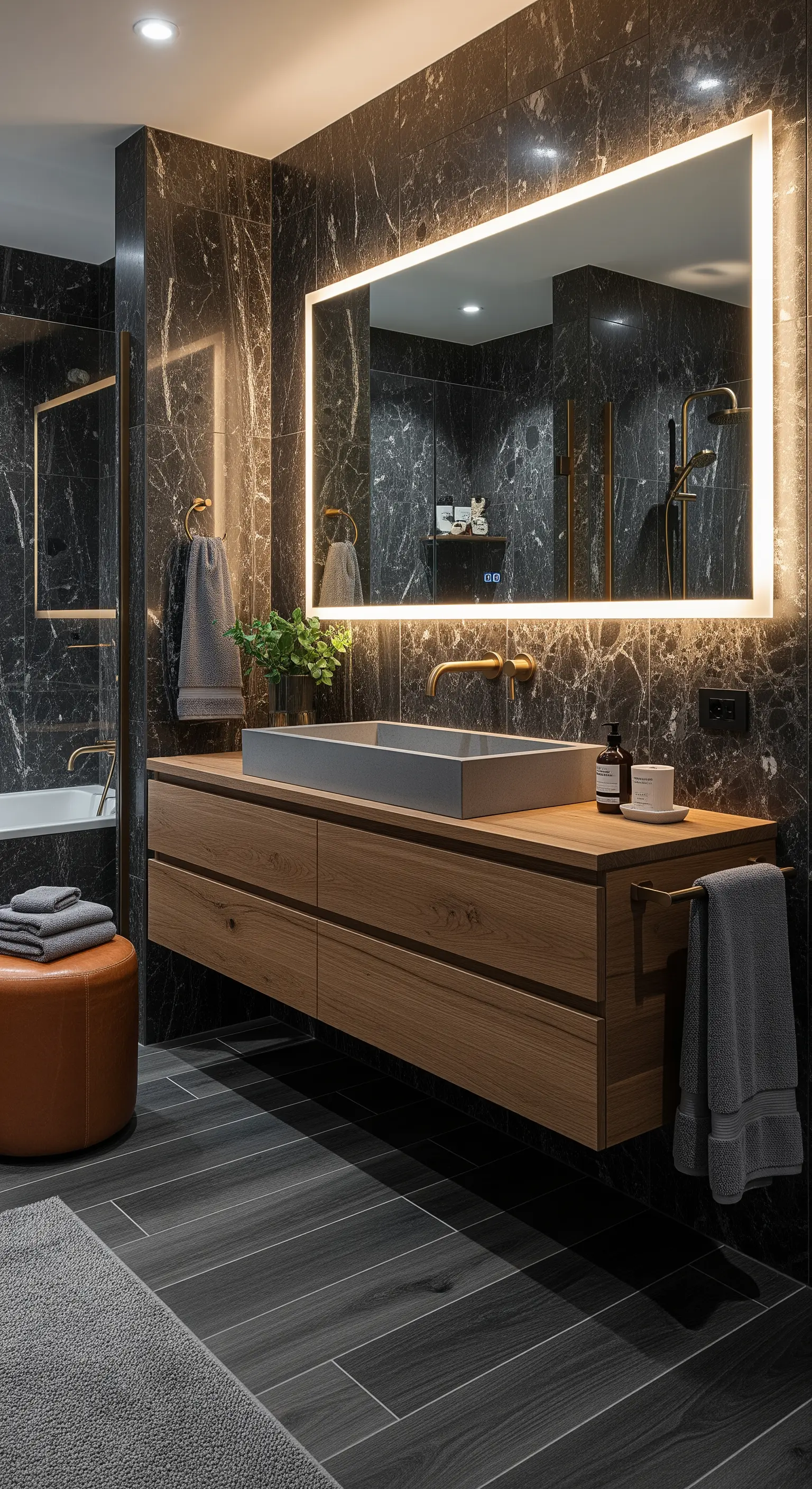 Luxuriöses Badezimmer mit dunklem Marmor, Holzkonsole und großem Leuchtspiegel.