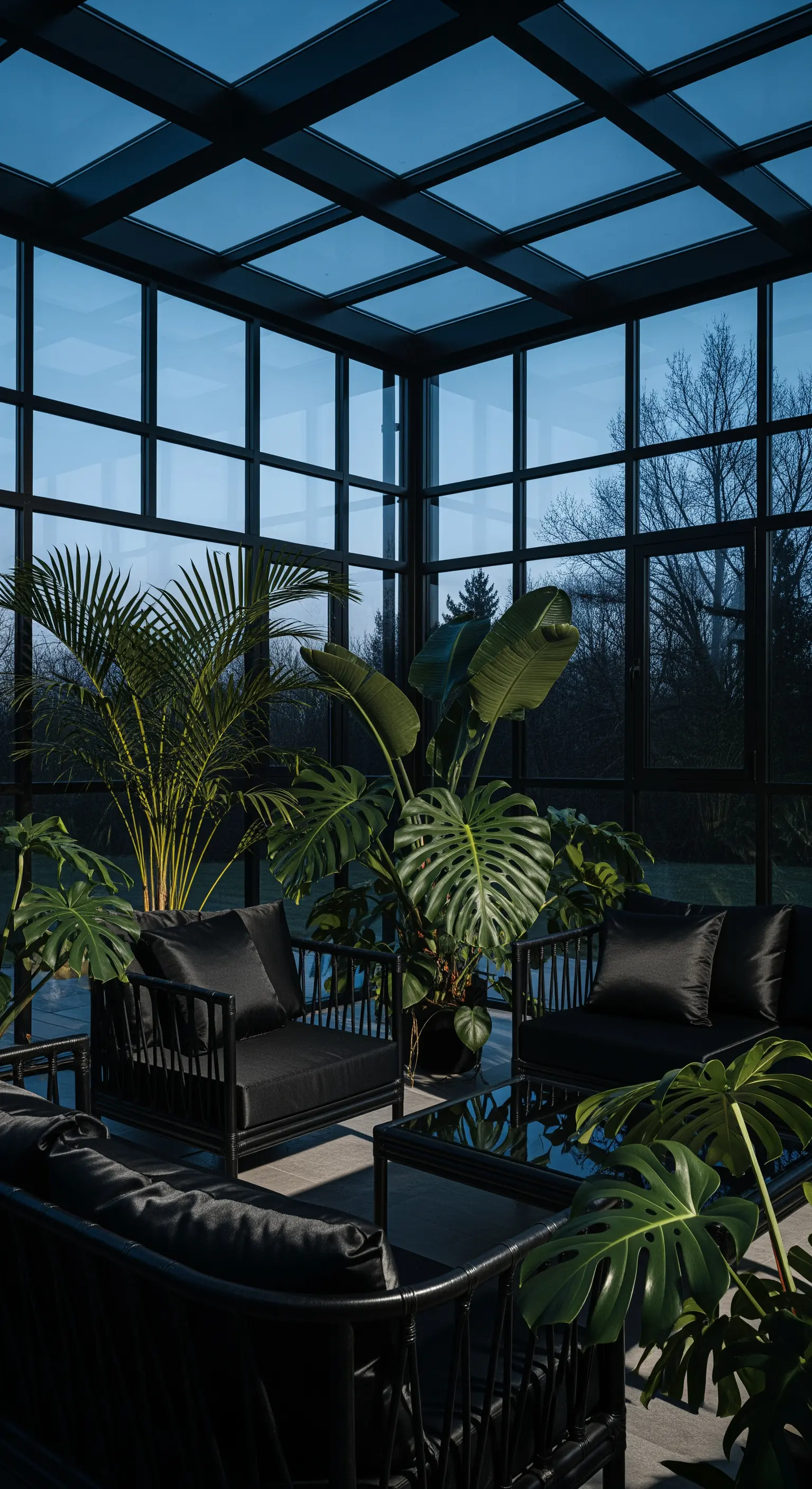 Moderner Wintergarten mit schwarzem Metallrahmen, schwarzen Loungemöbeln und tropischen Pflanzen