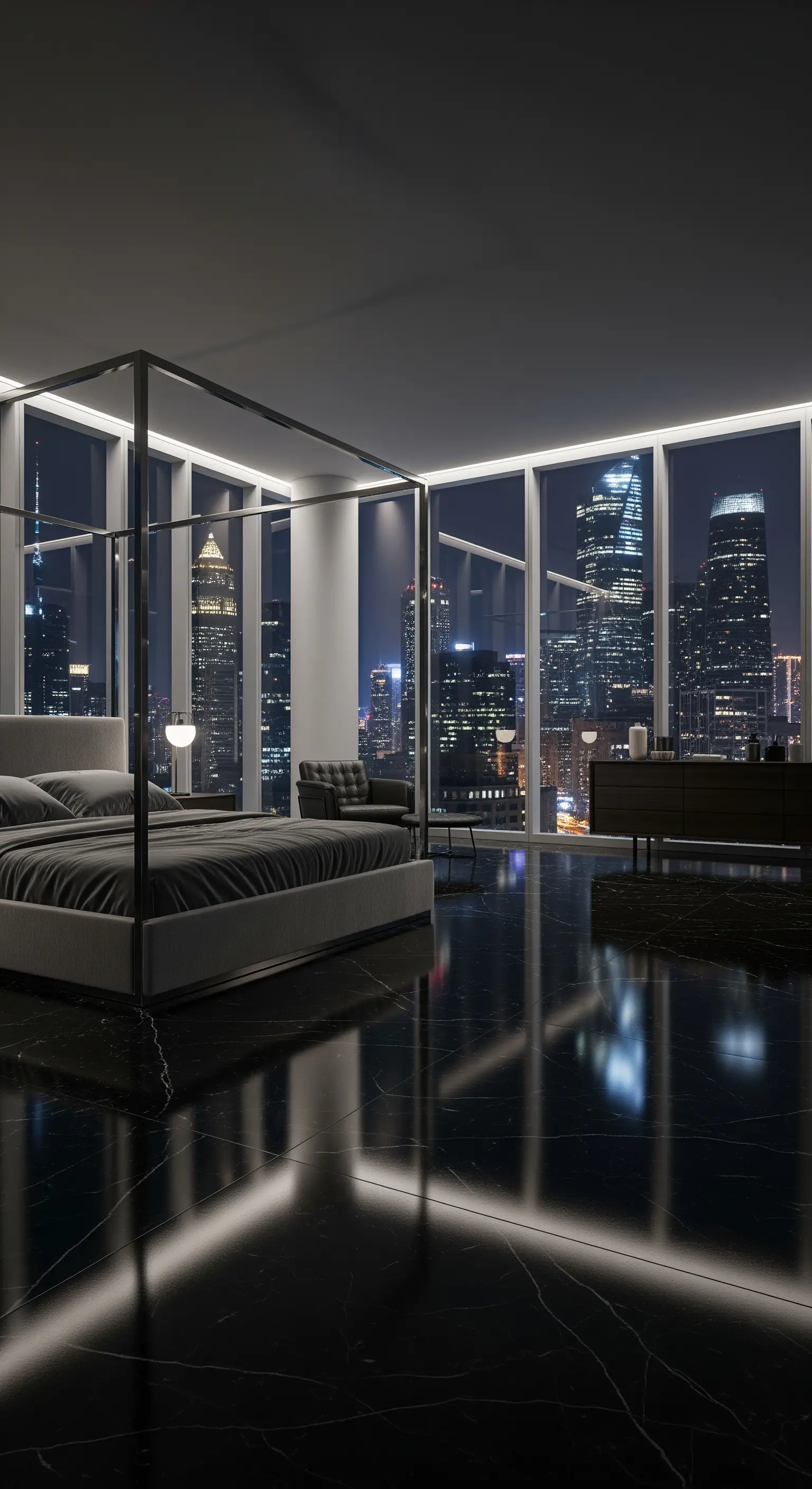 Dunkles Samt-Himmelbett, getuftetes Kopfteil, Zierleisten, Boutique-Hotel-Stil, Symmetrie