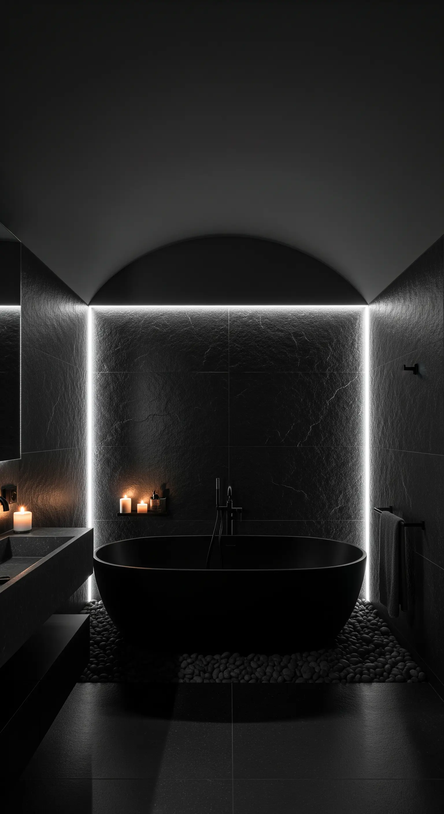 Dunkles Badezimmer mit vertikalen Lichtstreifen, freistehender schwarzer Badewanne und Kerzen