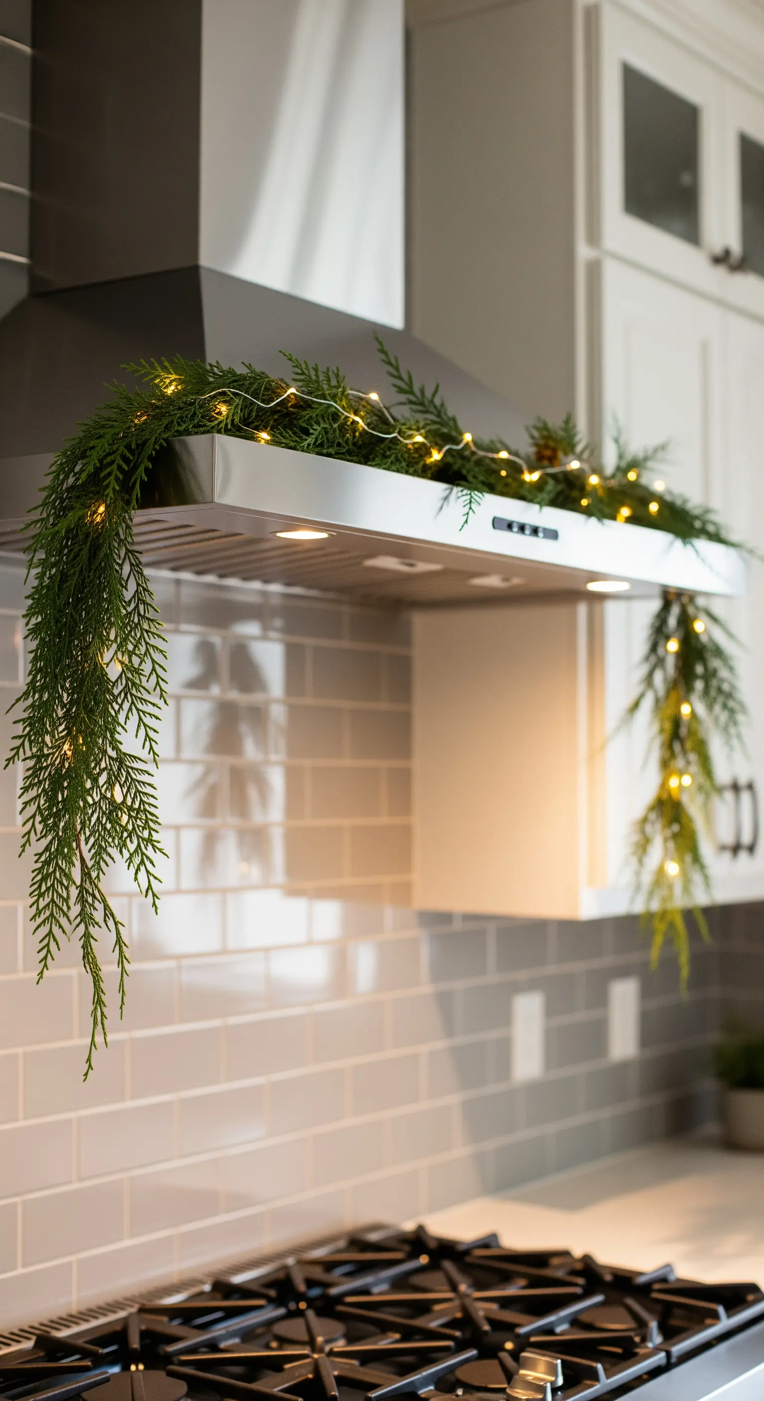 Dunstabzugshaube mit Tannengirlande und Lichterkette dekoriert.