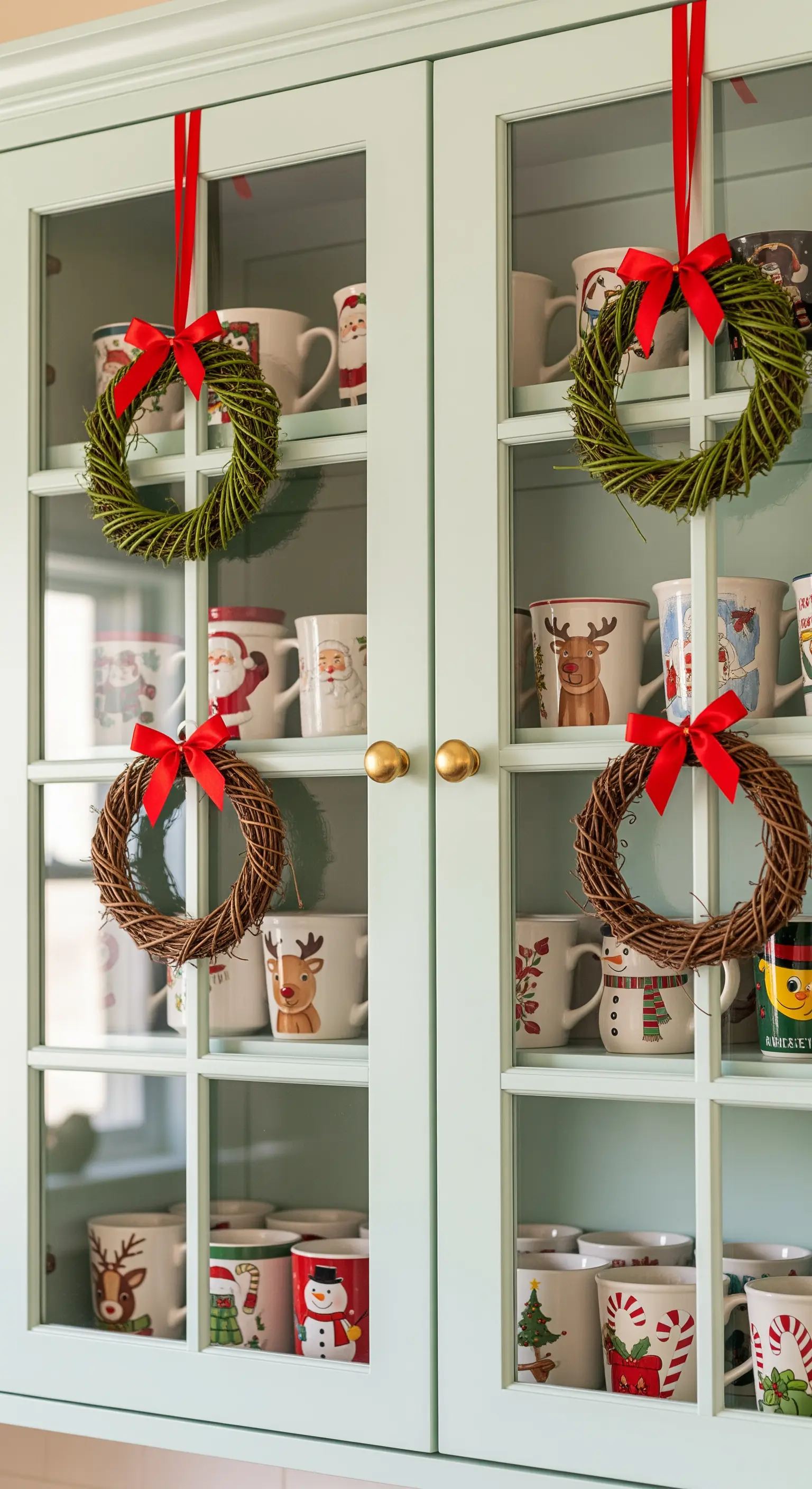 Glasschränke in Mintgrün mit Weihnachtstassen und kleinen Rebenkränzen mit roten Schleifen