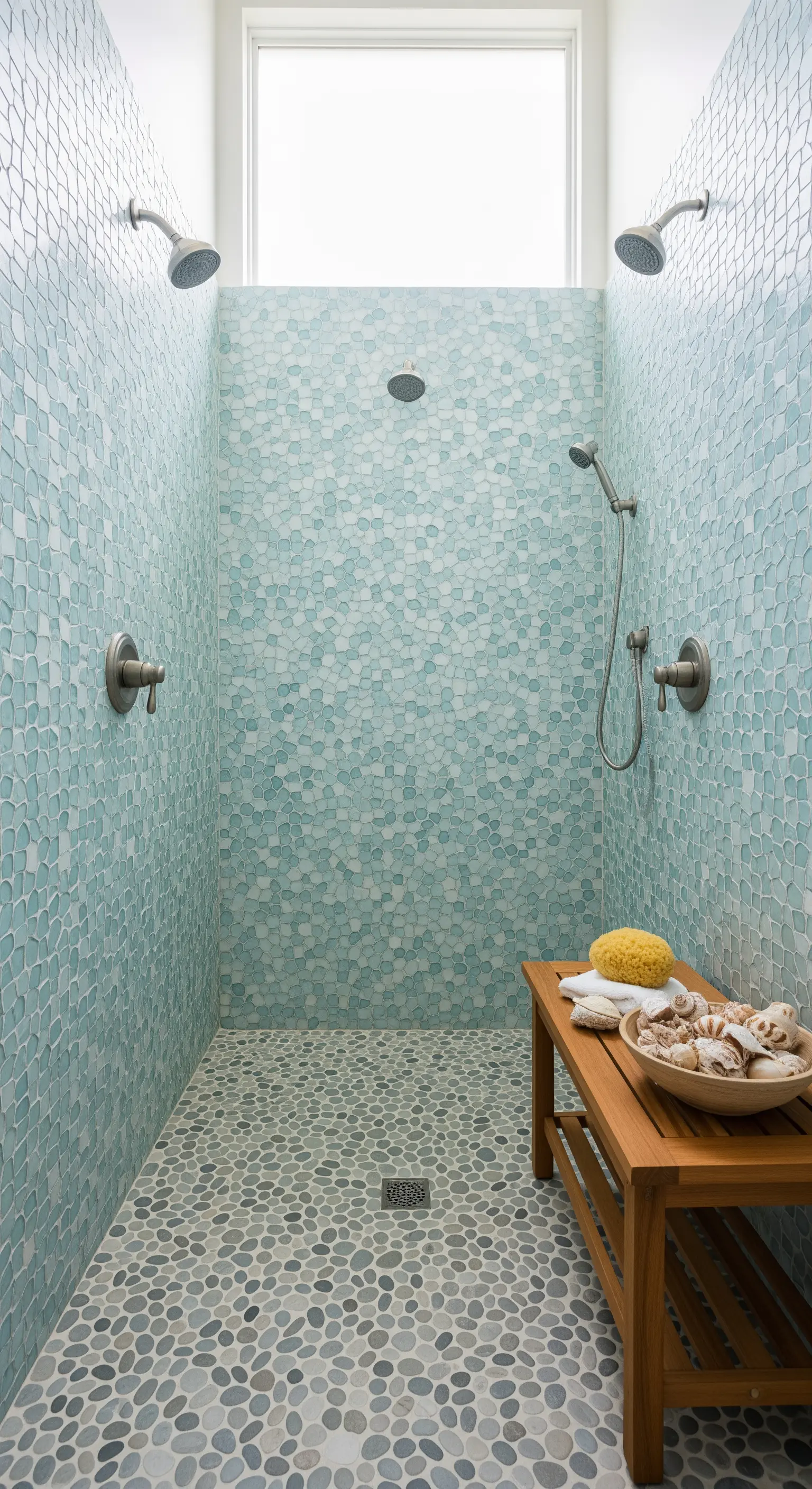 Walk-in-Dusche mit Fischschuppen-Mosaikfliesen, Kieselstein-Boden und Holzbank.