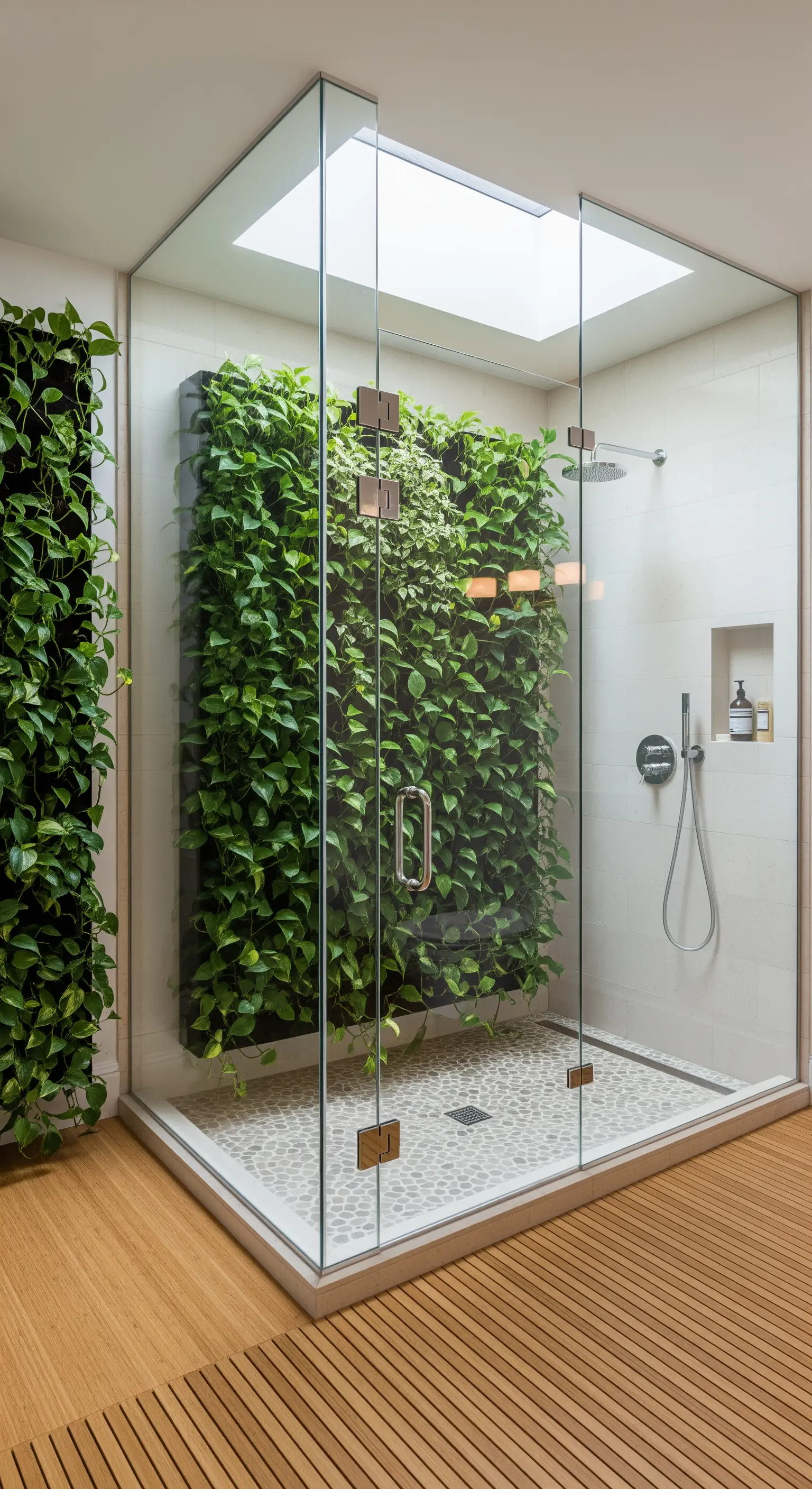 Glasdusche mit einer integrierten, üppig grünen Pflanzenwand und einem Oberlicht
