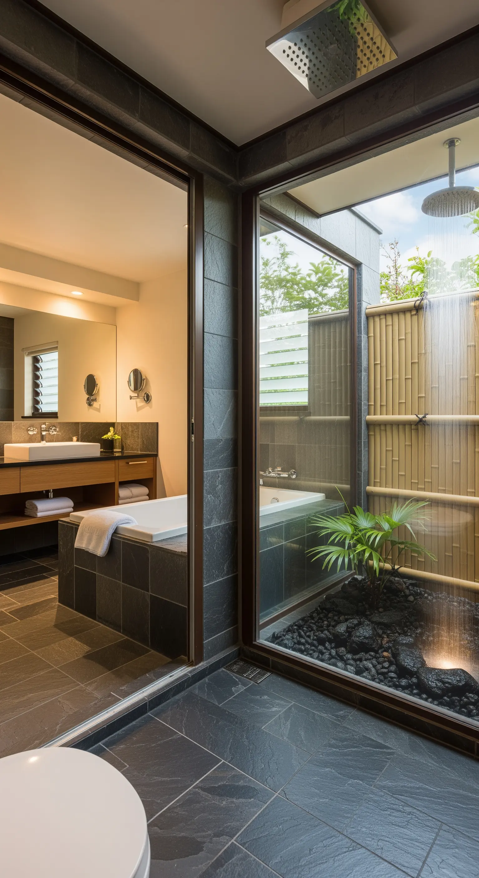 Badezimmer mit bodengleicher Dusche, die durch eine Glastür mit einem kleinen Außenbereich verbunden ist.