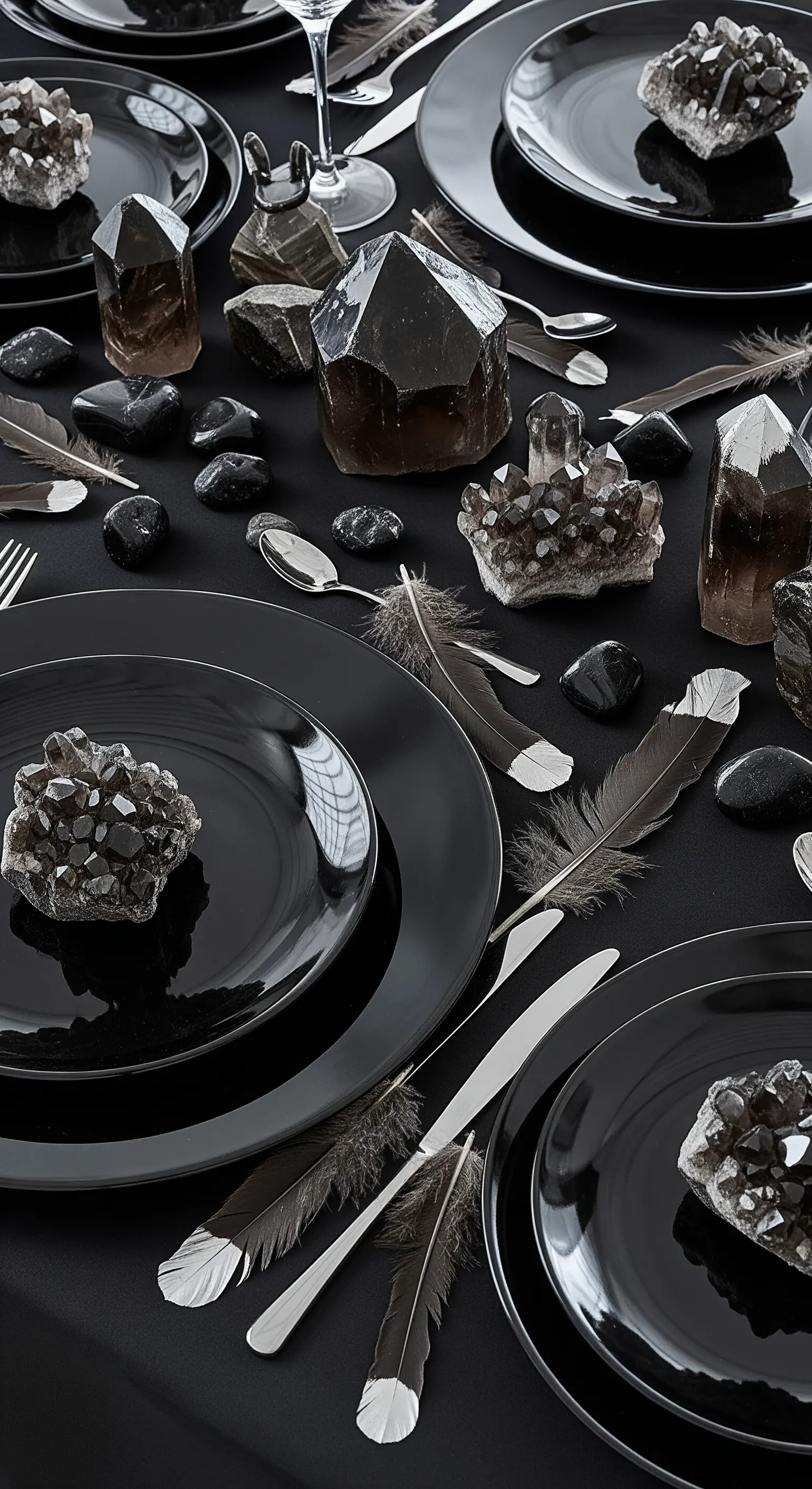 Mysteriöse Halloween Tischdeko in Schwarz mit Rauchquarz-Kristallen und Federn