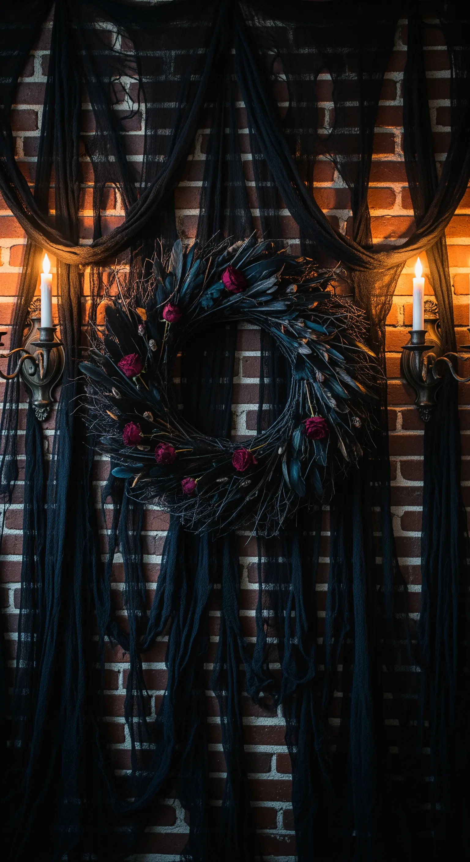Dunkler Halloween-Kranz mit roten Rosen an einer Backsteinwand mit schwarzem Stoff.
