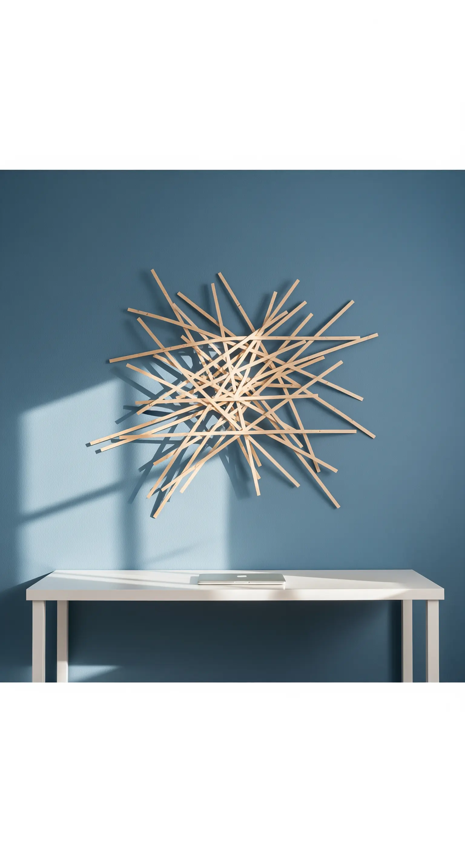 Wandskulptur aus hellen Holzstäben an einer dunkelblauen Wand über einem Schreibtisch.
