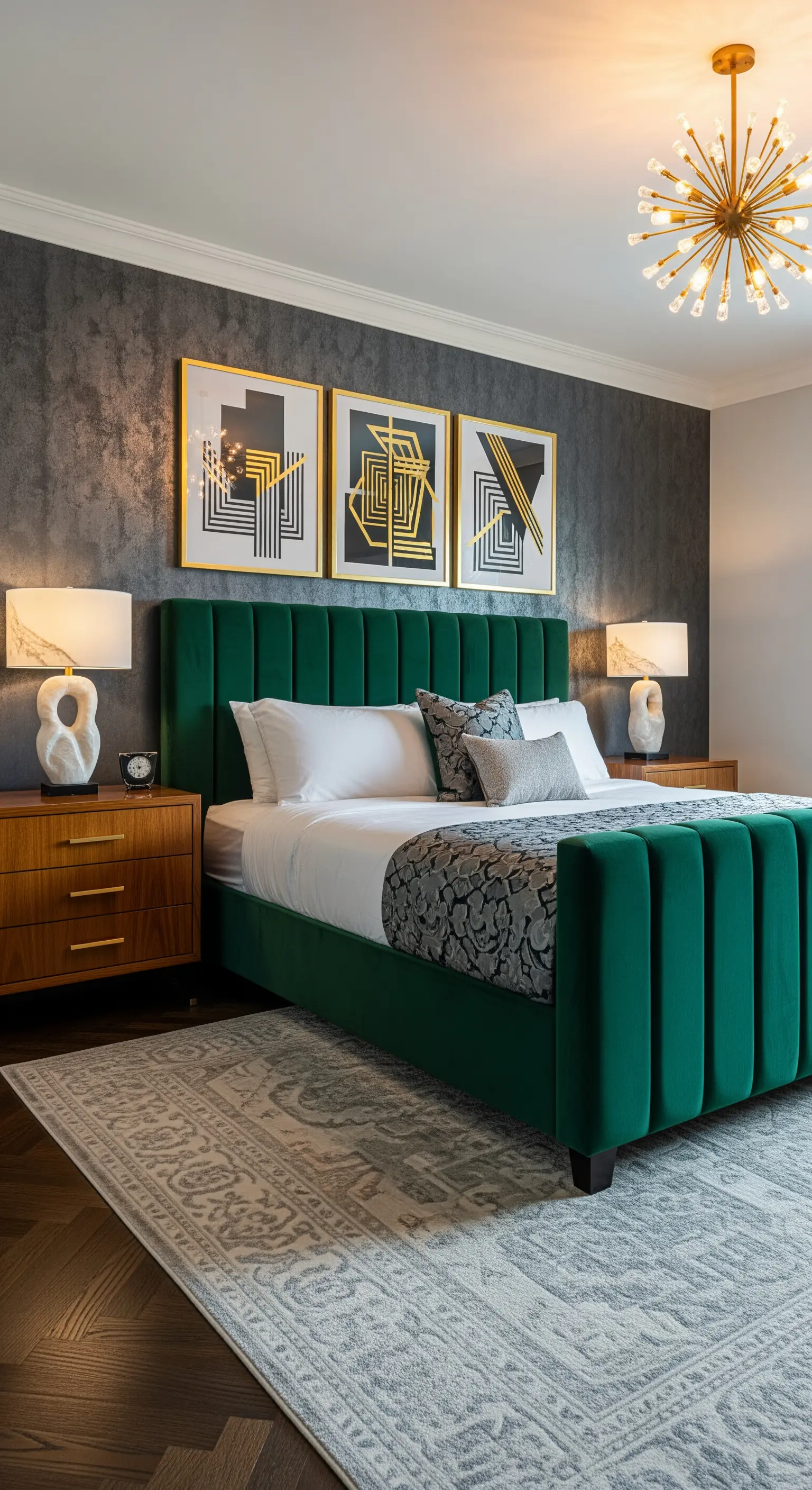 Schlafzimmer mit smaragdgrünem Samtbett, Betonwand und goldgerahmter Kunst.