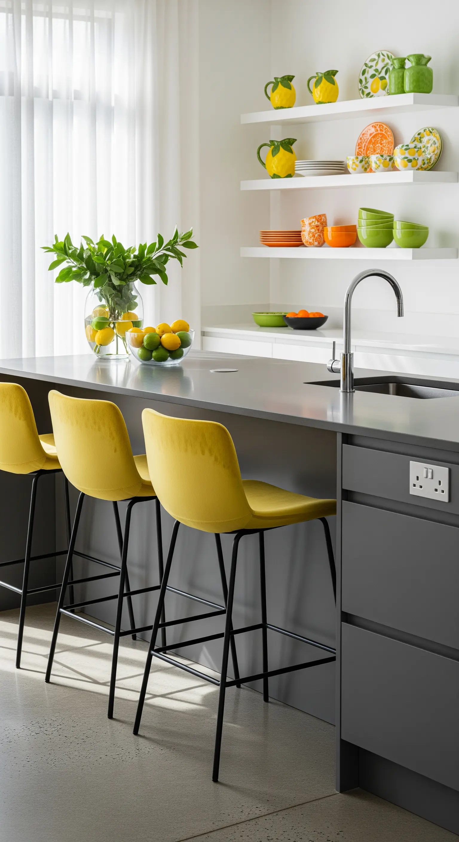 Dunkelgraue Küche mit gelben Barhockern und bunten Zitrus-Accessoires.
