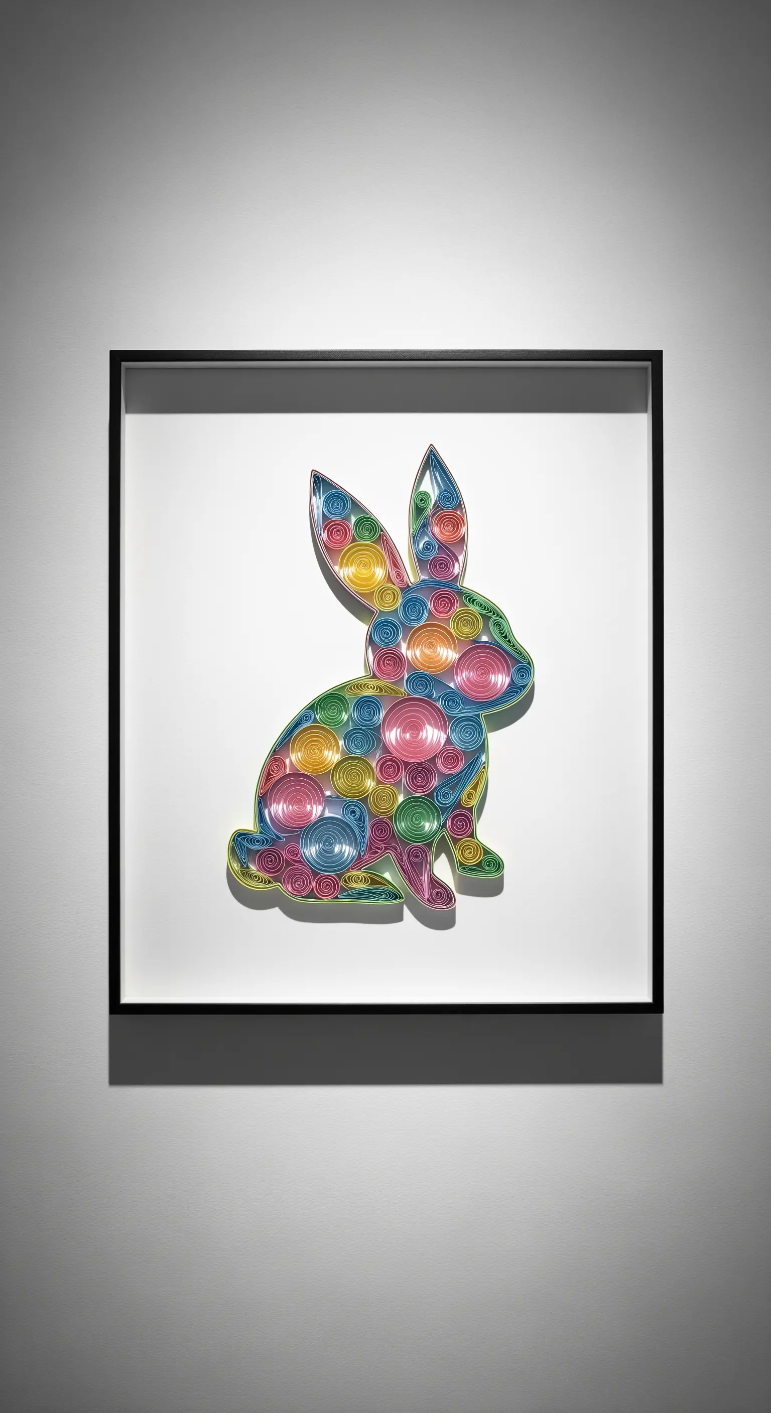 Gerahmtes Quilling-Kunstwerk eines Hasen aus bunten Papierstreifen