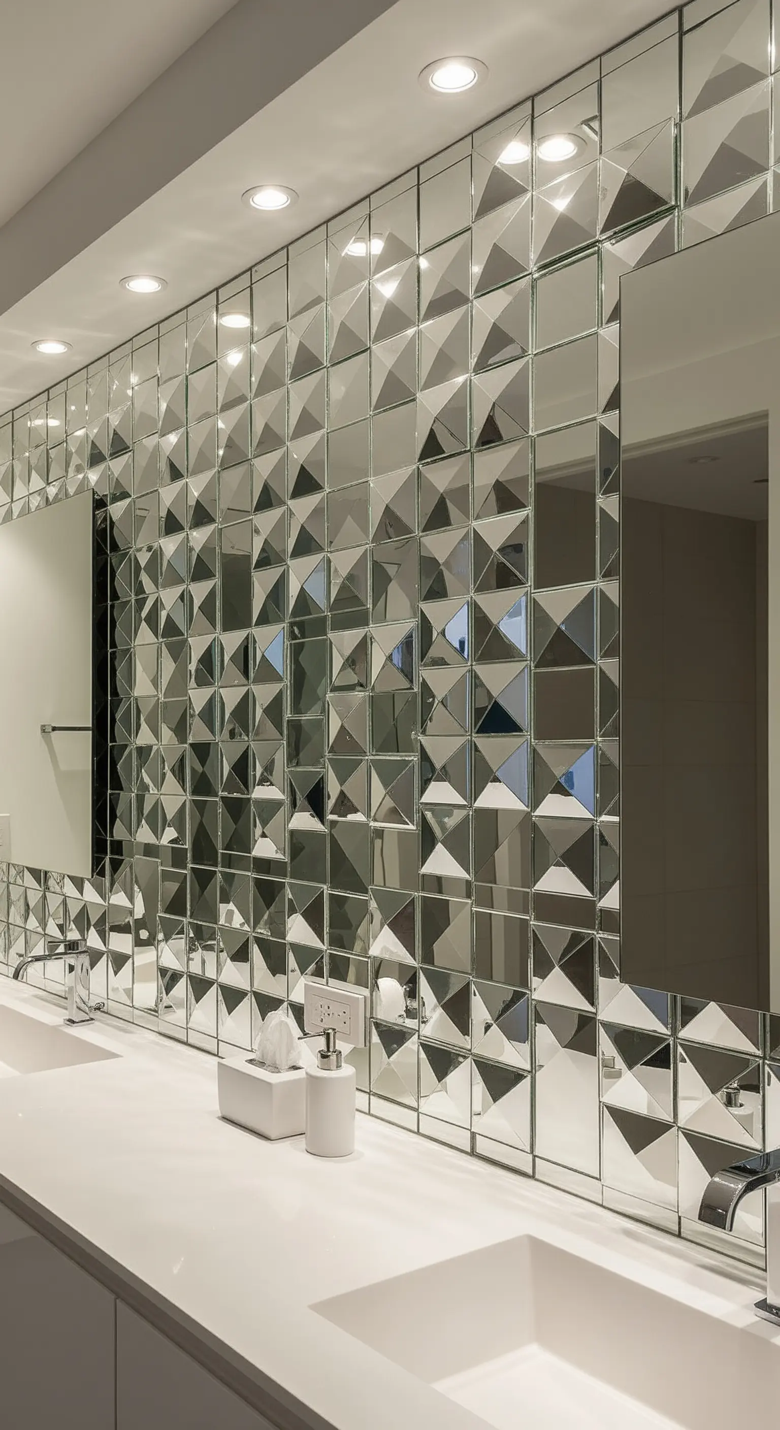 Moderner Waschtisch vor einer Wand aus dreidimensionalen, facettierten Spiegelfliesen.