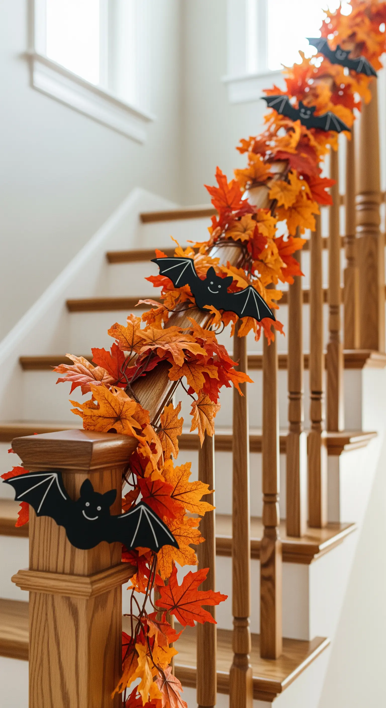 Ein hölzernes Treppengeländer, das mit einer Herbstlaub-Girlande und kleinen Fledermaus-Figuren geschmückt ist.