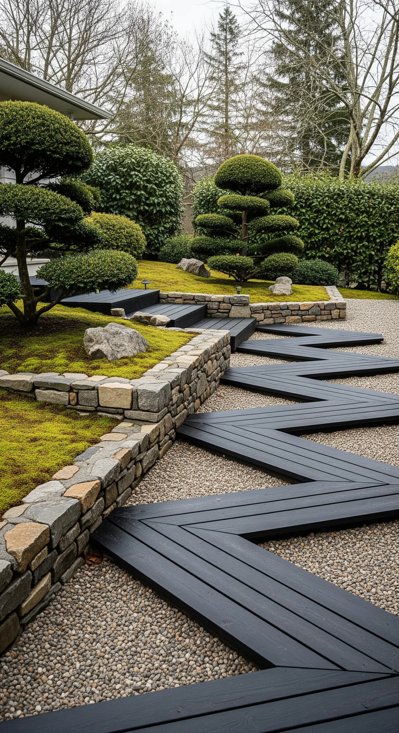 Japandi Weg aus dunklen Holzplanken im Zickzack, Kies und Steinmauern