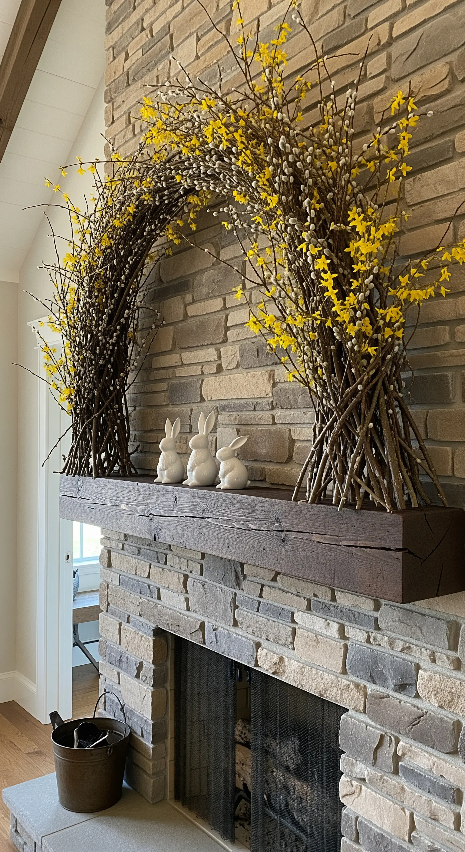 Großer Bogen aus Zweigen und gelben Blüten auf einer Kaminumrandung.