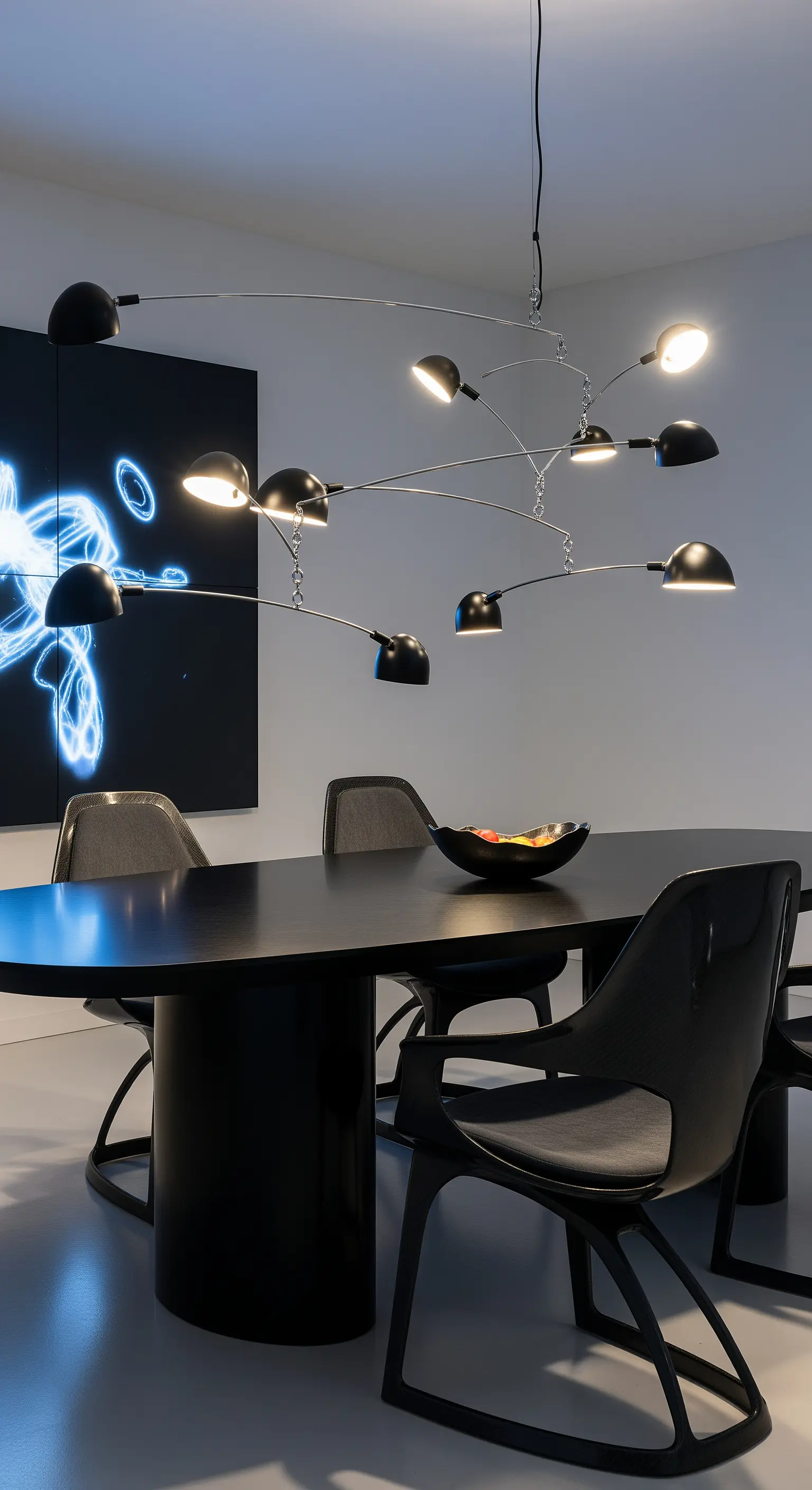 Schwarzer ovaler Tisch mit einer beweglichen Mobile-Lampe und Neon-Kunst.