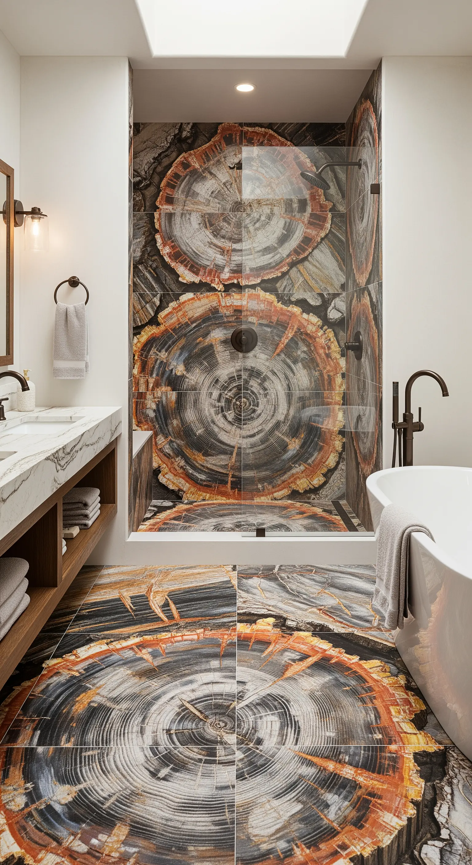 Badezimmer mit großen Fliesen, die das Muster von Baumscheiben zeigen.