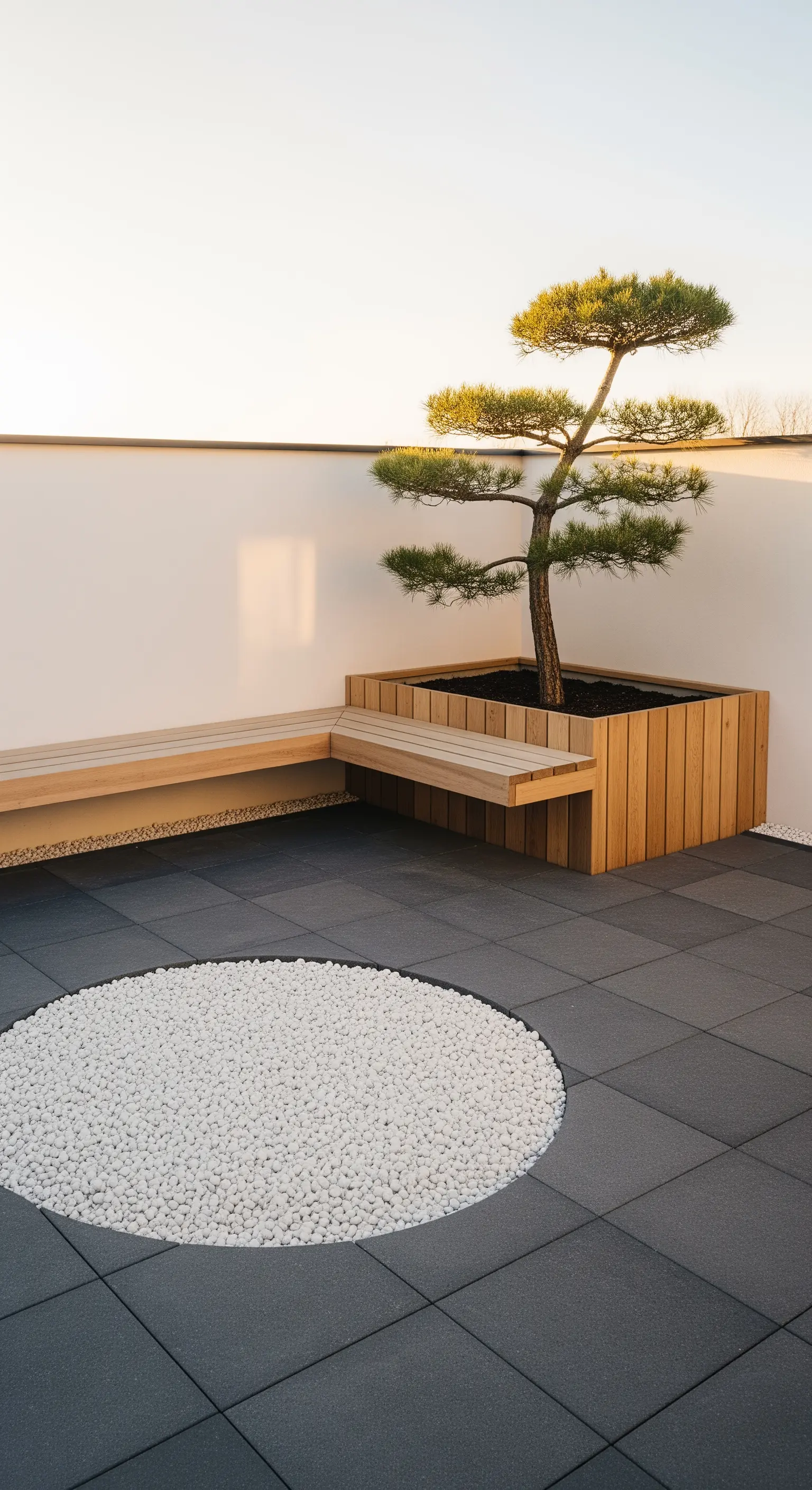 Eckbank mit Baumkübel und weißem Kieskreis auf dunklem Boden