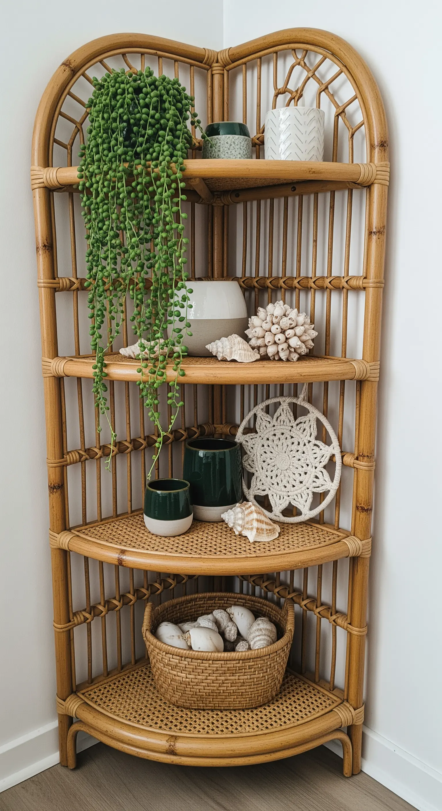 Rattan-Eckregal mit einer hängenden Erbsenpflanze, Keramiktöpfen und Muscheln.