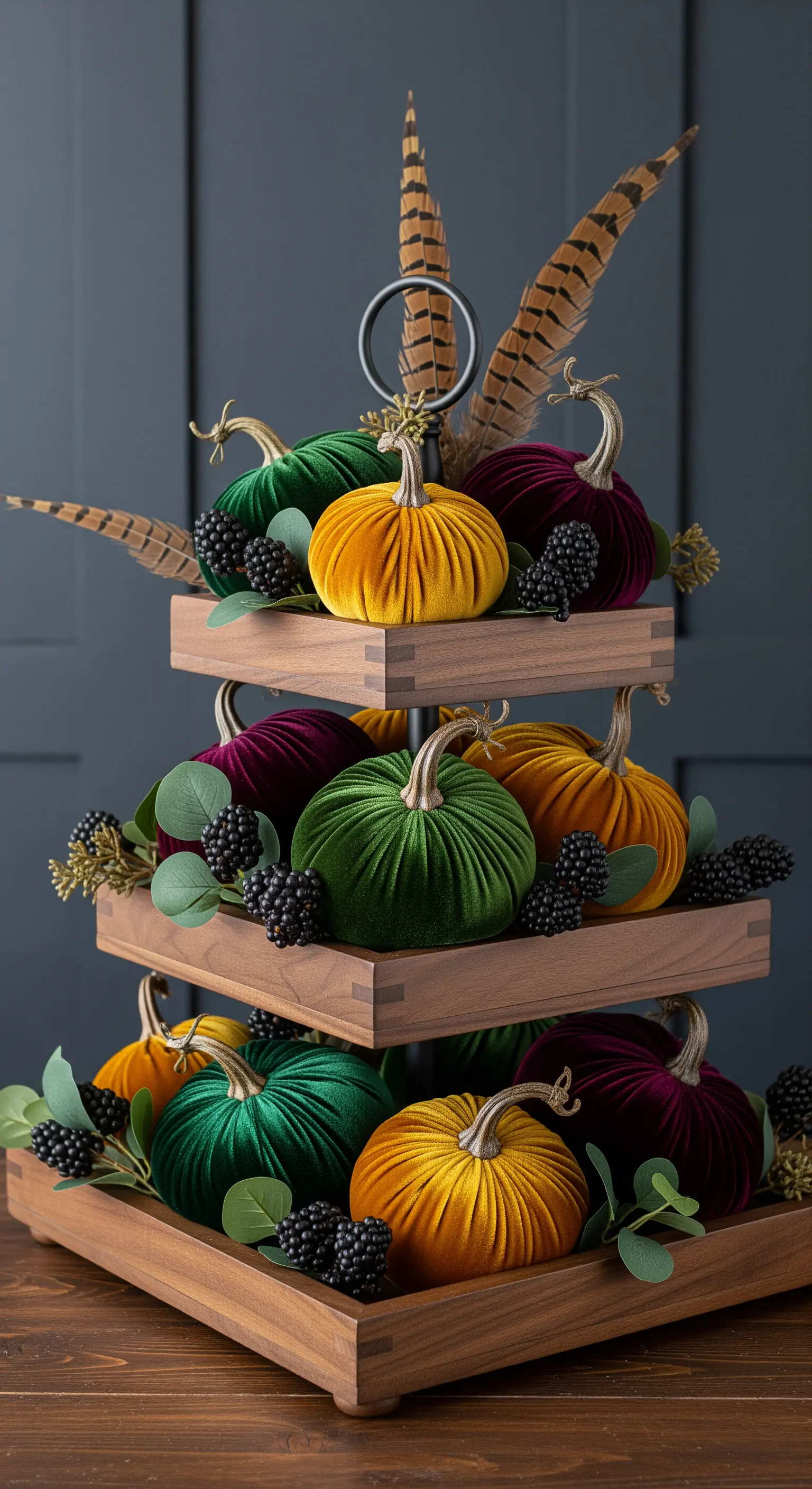 Herbst-Etagere mit Samtkürbissen in Edelsteinfarben und Federn.