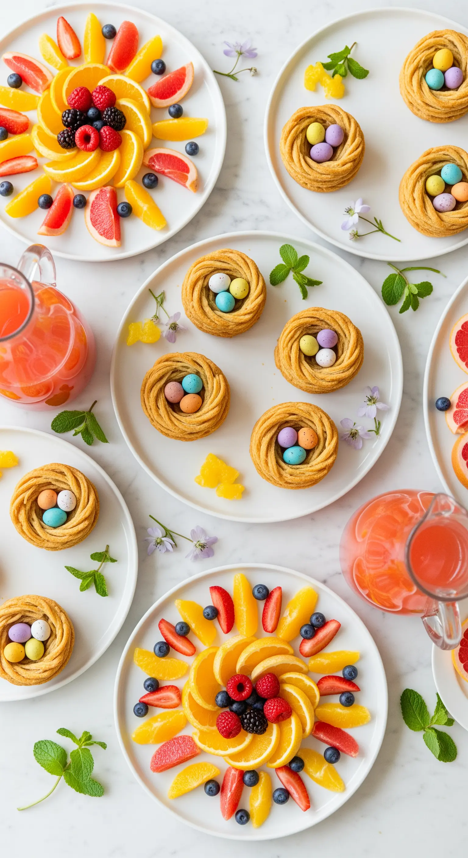 Oster-Teller mit spiralförmig angeordneten Früchten und Gebäcknestern mit pastellfarbenen Eiern.