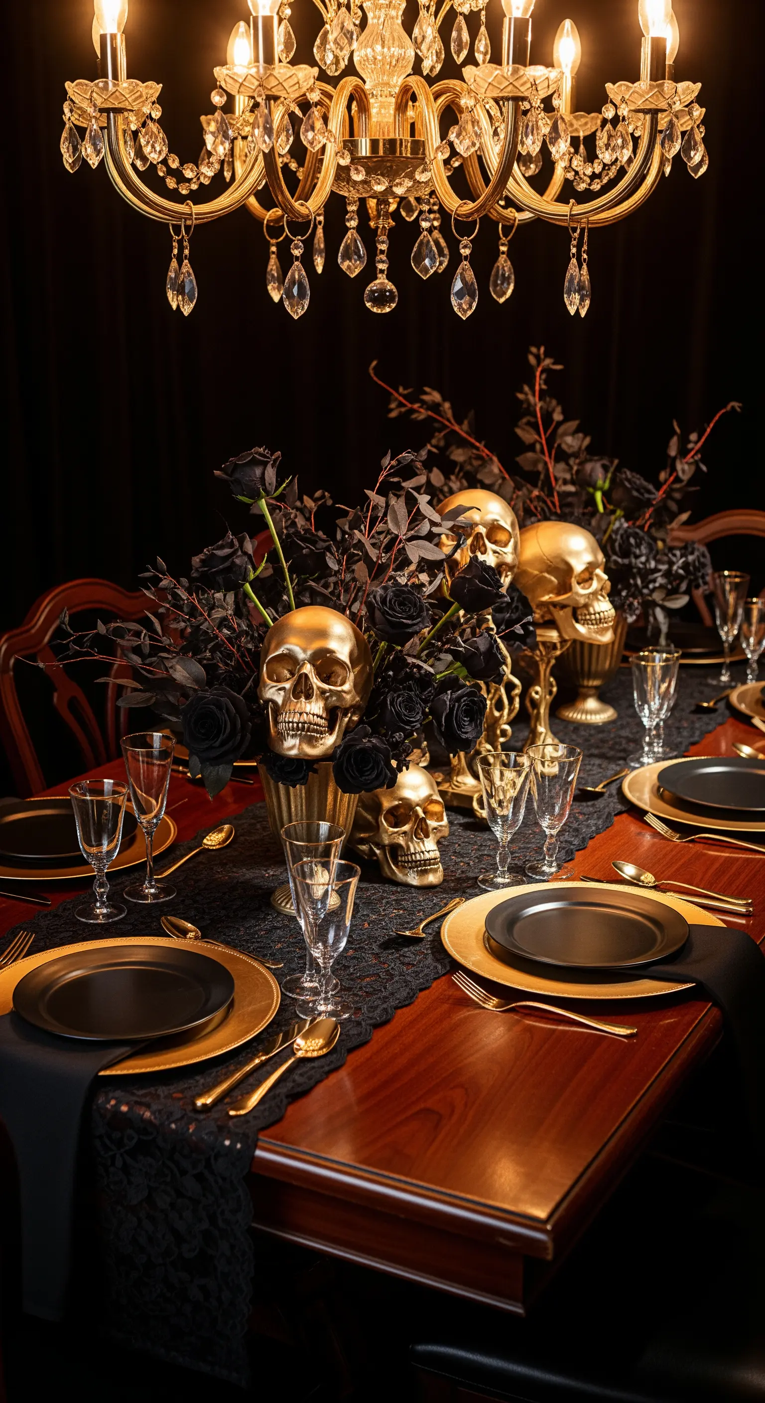 Elegante Halloween-Tafel mit goldenen Totenköpfen und schwarzen Rosen
